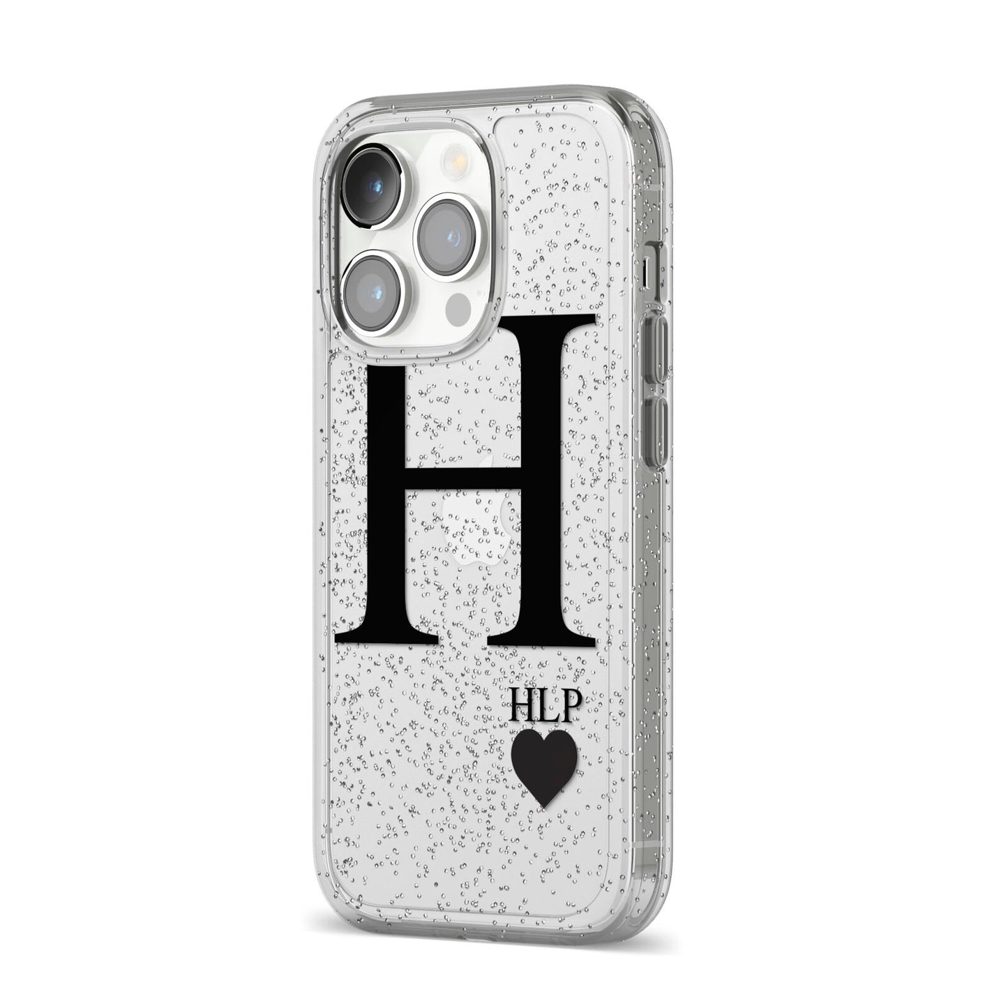 Personalised Black Big Initial 3 Small Clear iPhone 14 Pro Glitter Tough Case Silver Angled Image