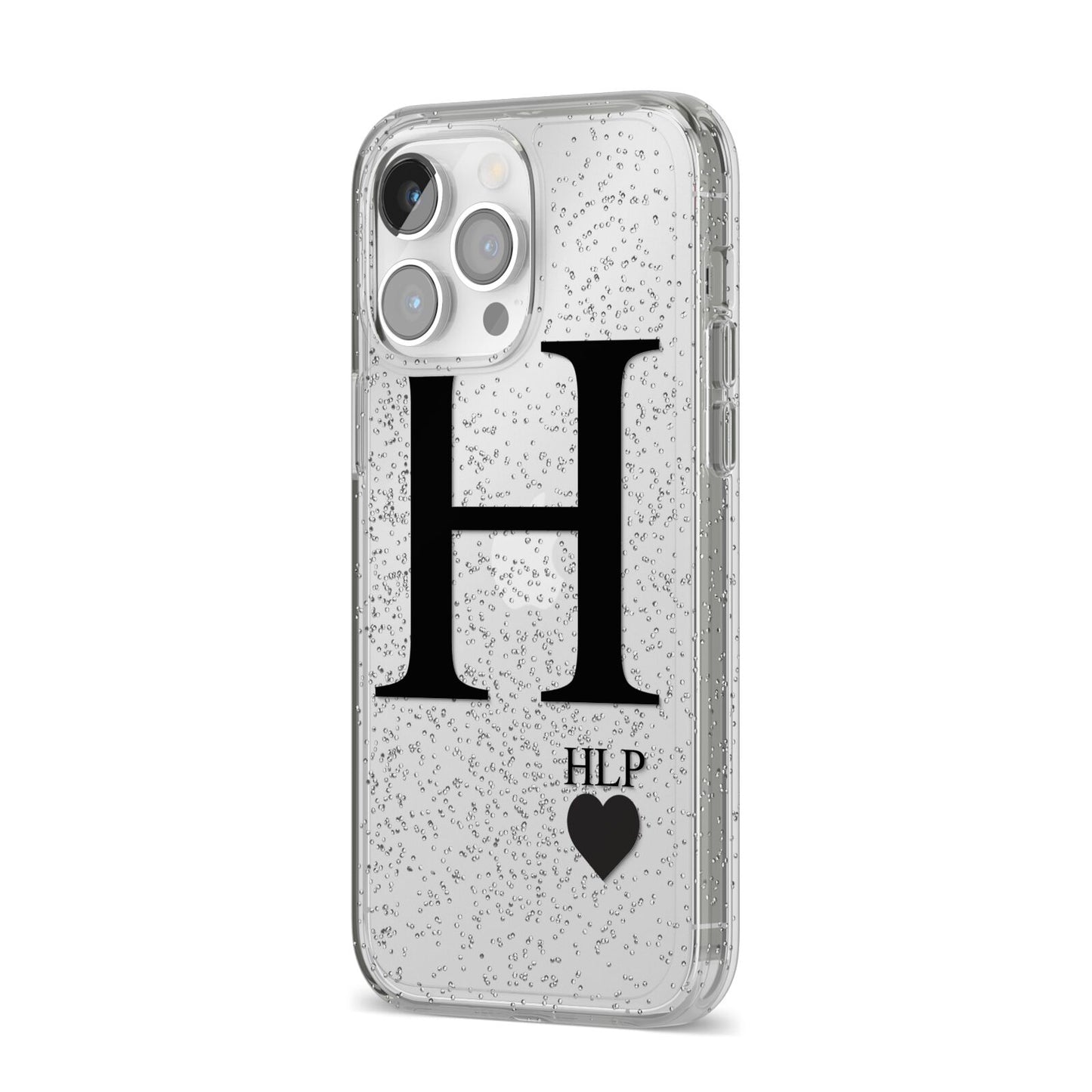 Personalised Black Big Initial 3 Small Clear iPhone 14 Pro Max Glitter Tough Case Silver Angled Image