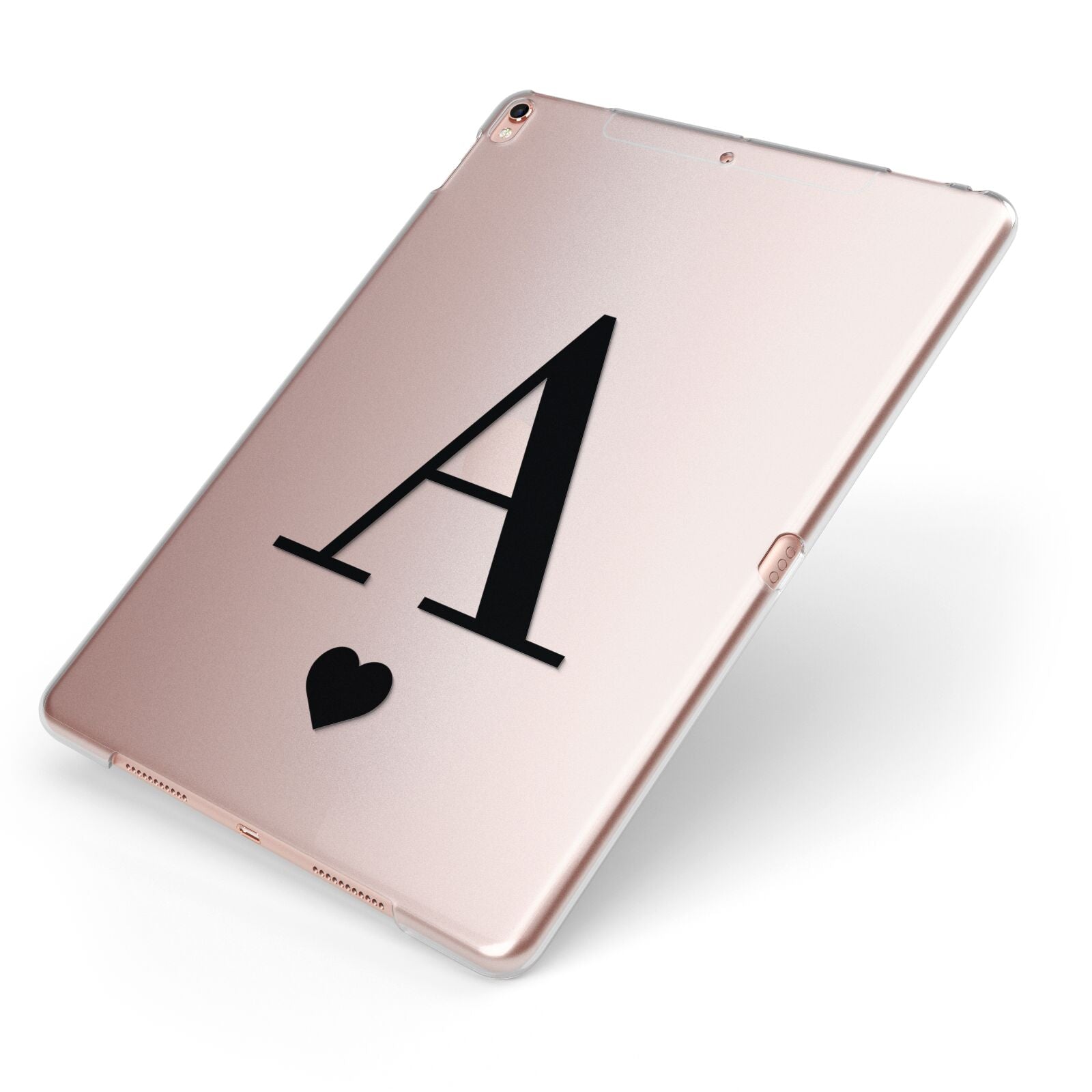 Personalised Black Big Initial Heart Clear Apple iPad Case on Rose Gold iPad Side View