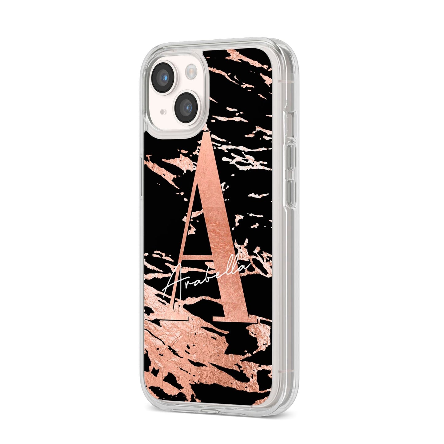 Personalised Black Copper Marble iPhone 14 Clear Tough Case Starlight Angled Image