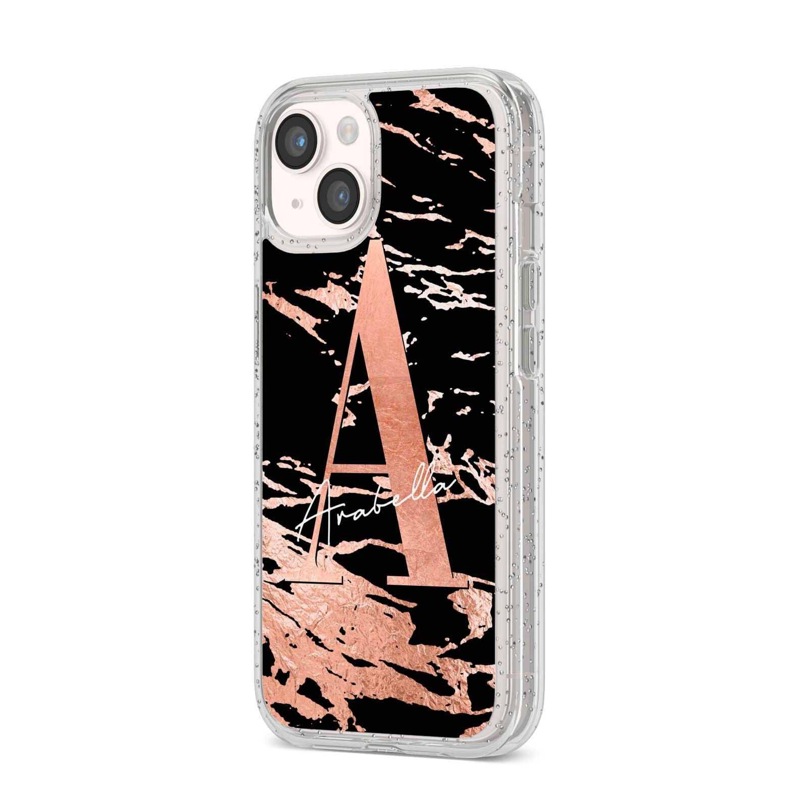 Personalised Black Copper Marble iPhone 14 Glitter Tough Case Starlight Angled Image