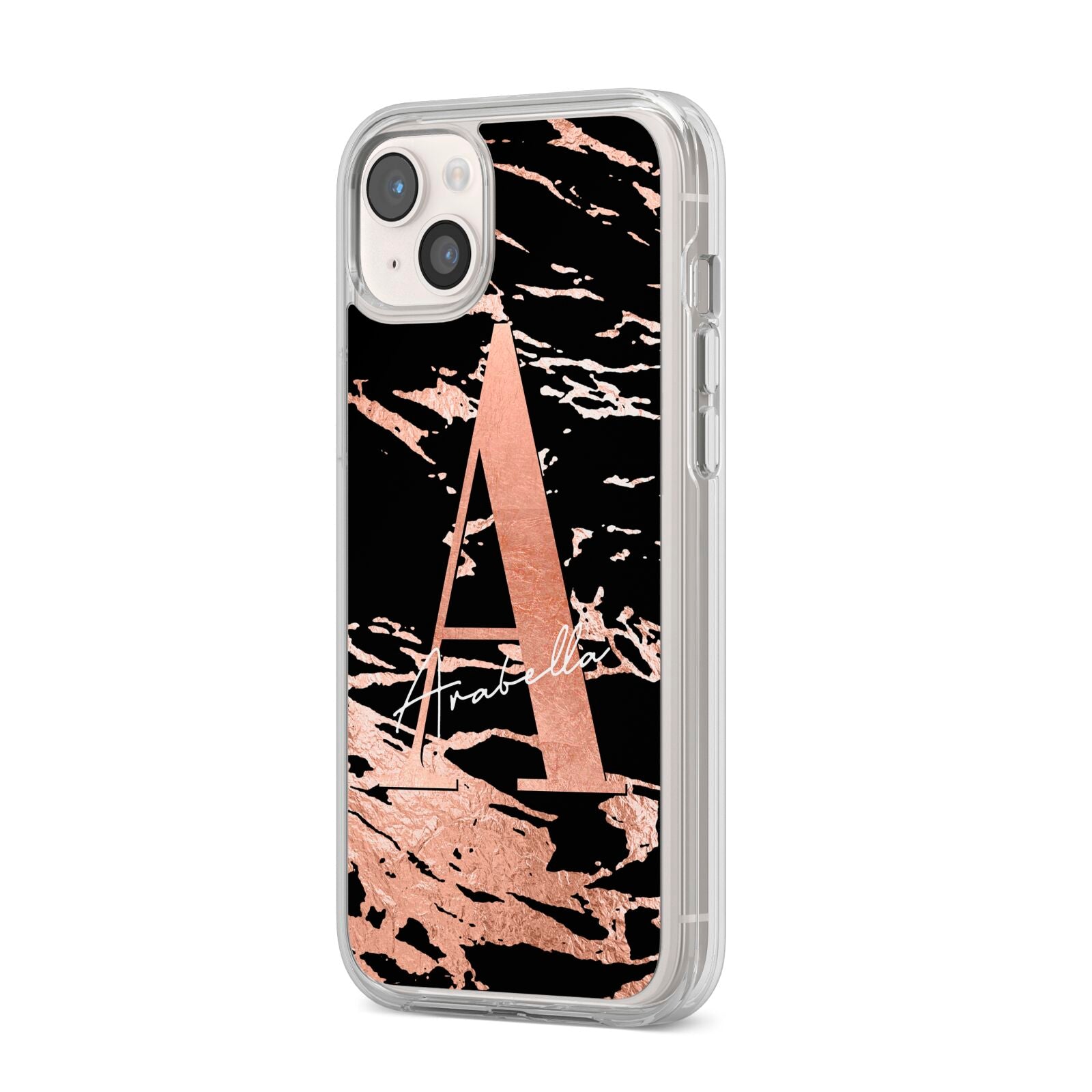 Personalised Black Copper Marble iPhone 14 Plus Clear Tough Case Starlight Angled Image