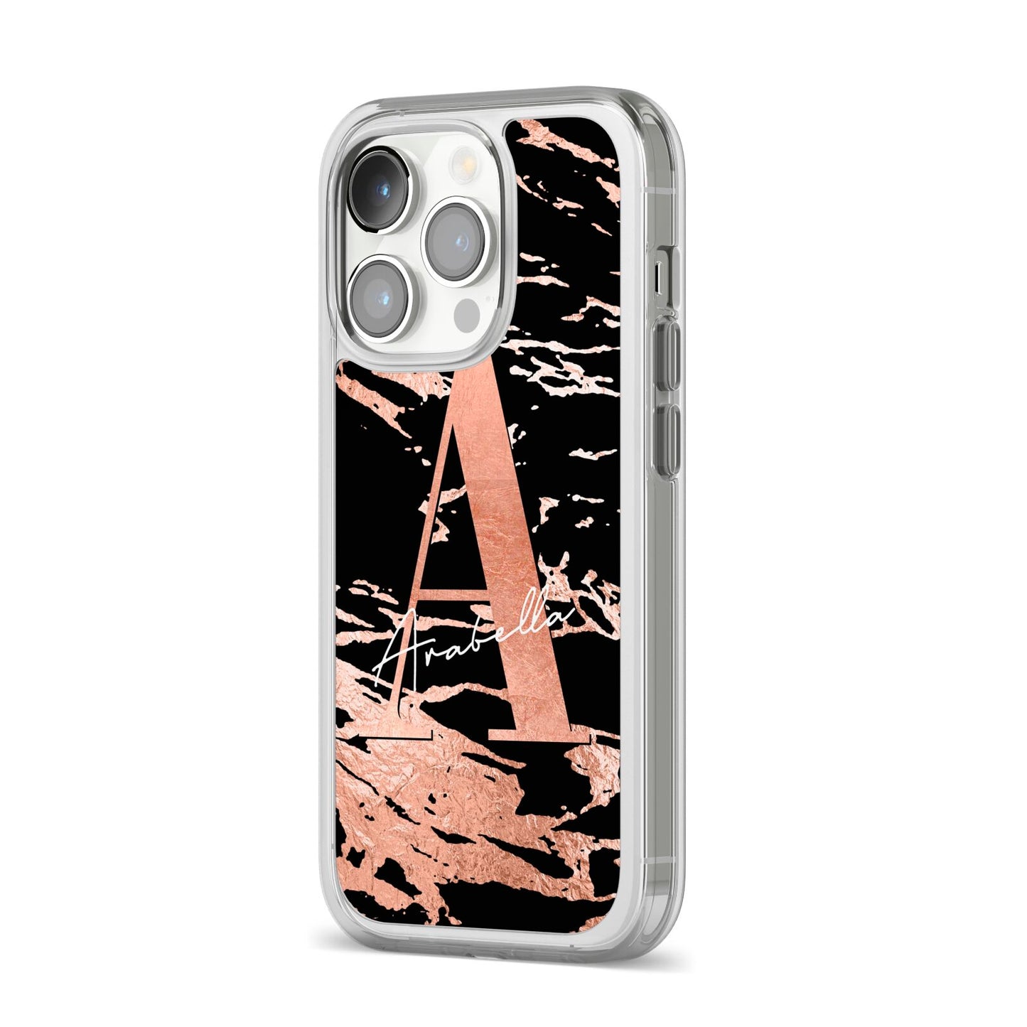 Personalised Black Copper Marble iPhone 14 Pro Clear Tough Case Silver Angled Image