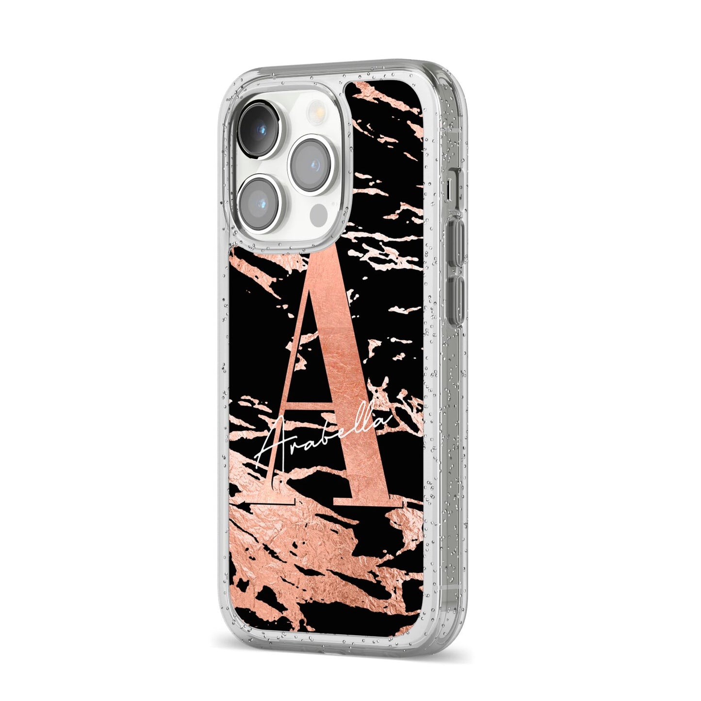 Personalised Black Copper Marble iPhone 14 Pro Glitter Tough Case Silver Angled Image