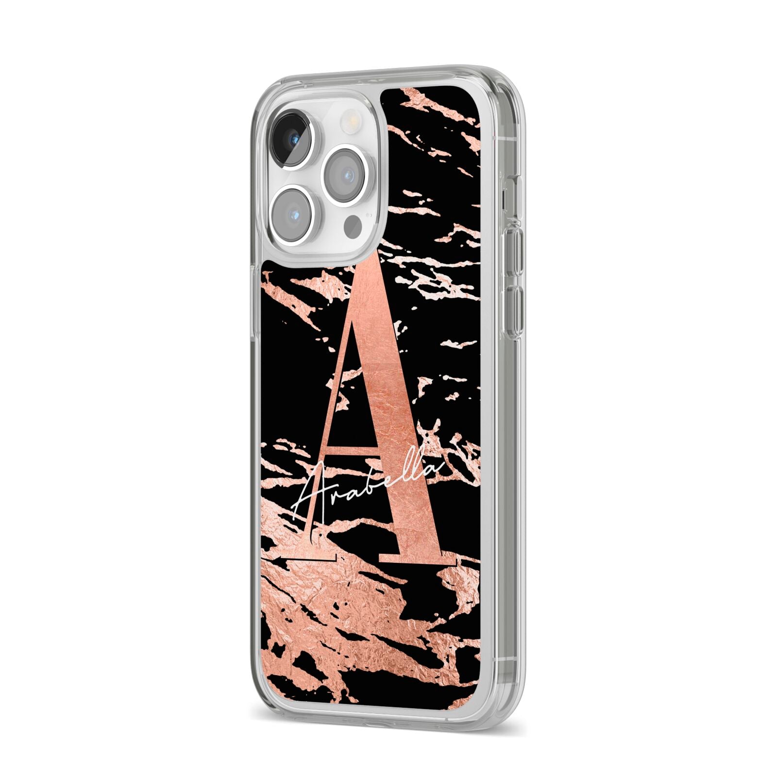Personalised Black Copper Marble iPhone 14 Pro Max Clear Tough Case Silver Angled Image