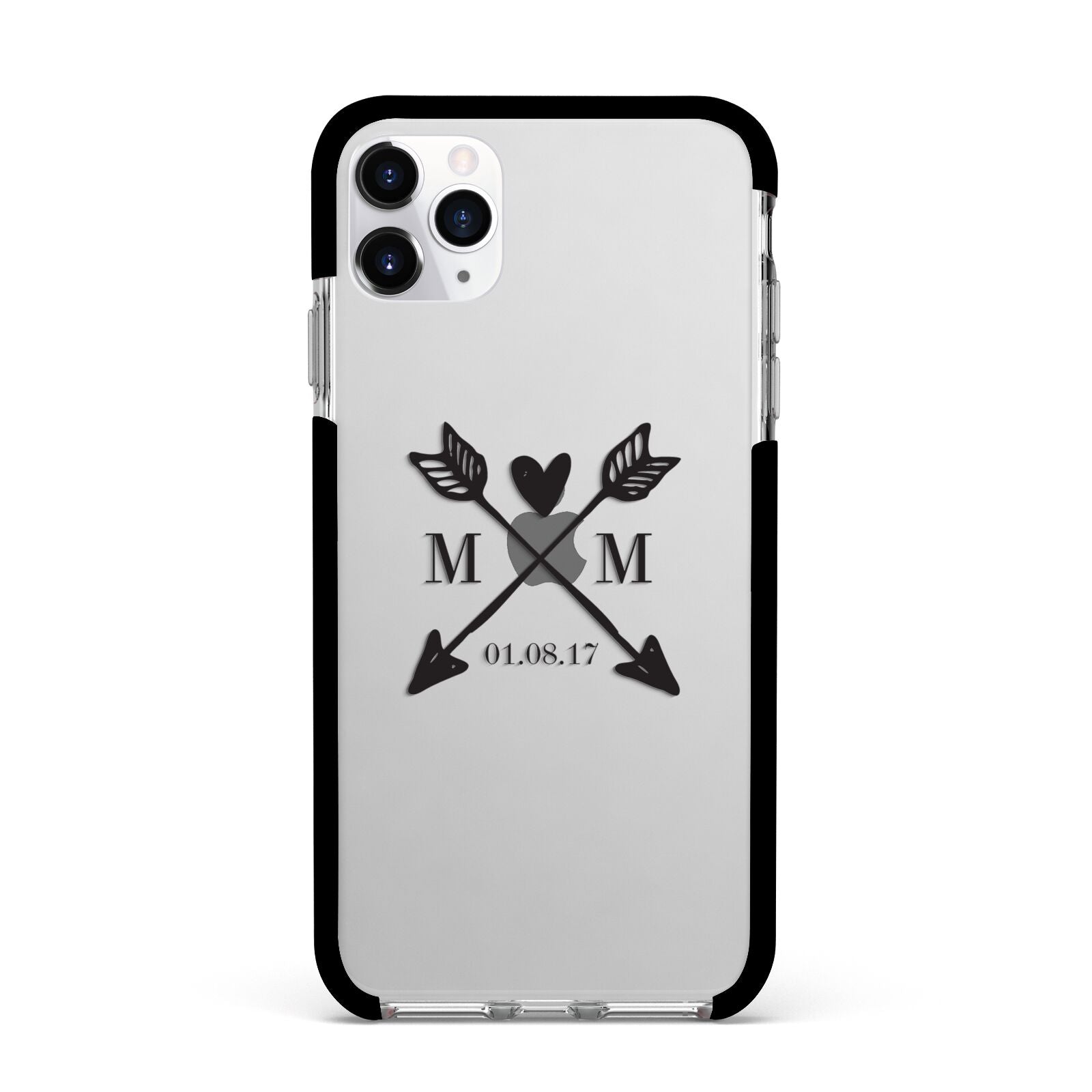 Personalised Black Couples Date Initials Clear Apple iPhone 11 Pro Max in Silver with Black Impact Case