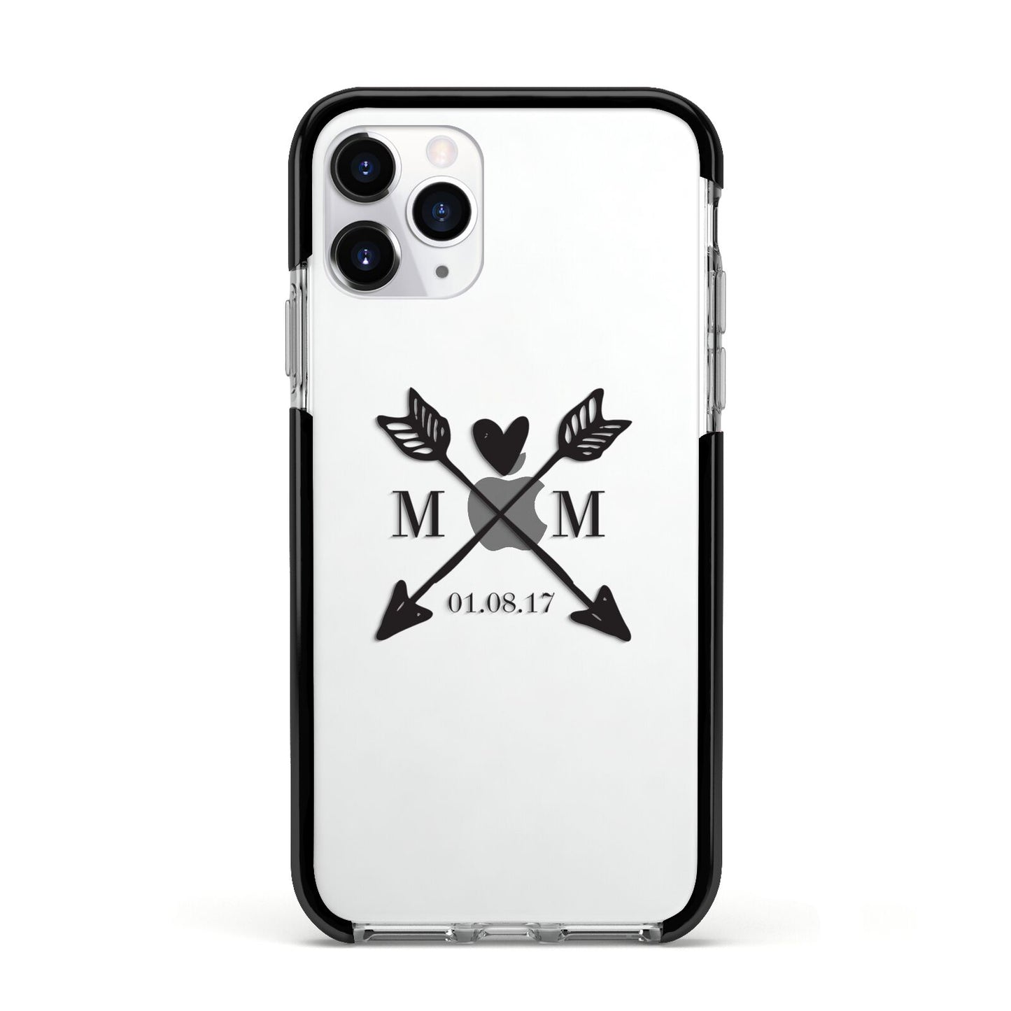 Personalised Black Couples Date Initials Clear Apple iPhone 11 Pro in Silver with Black Impact Case