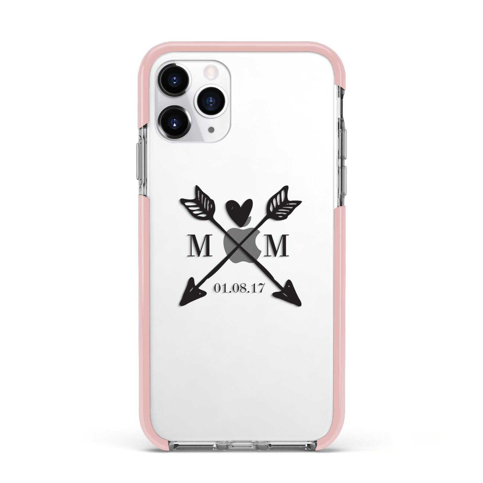 Personalised Black Couples Date Initials Clear Apple iPhone 11 Pro in Silver with Pink Impact Case