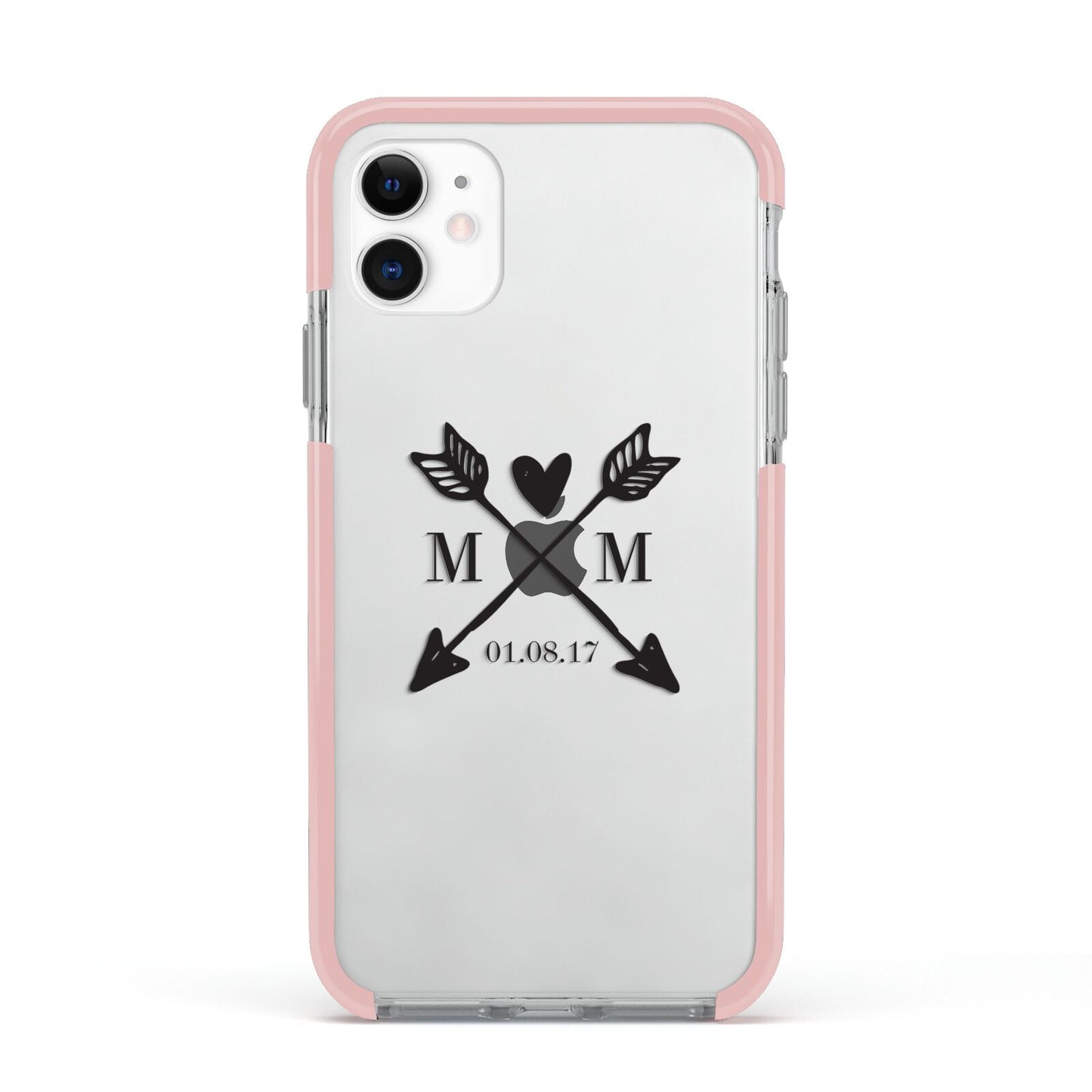 Personalised Black Couples Date Initials Clear Apple iPhone 11 in White with Pink Impact Case