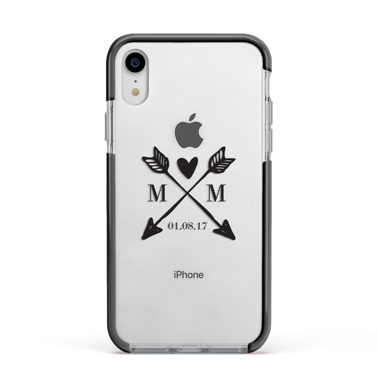 Personalised Black Couples Date Initials Clear Apple iPhone XR Impact Case Black Edge on Silver Phone