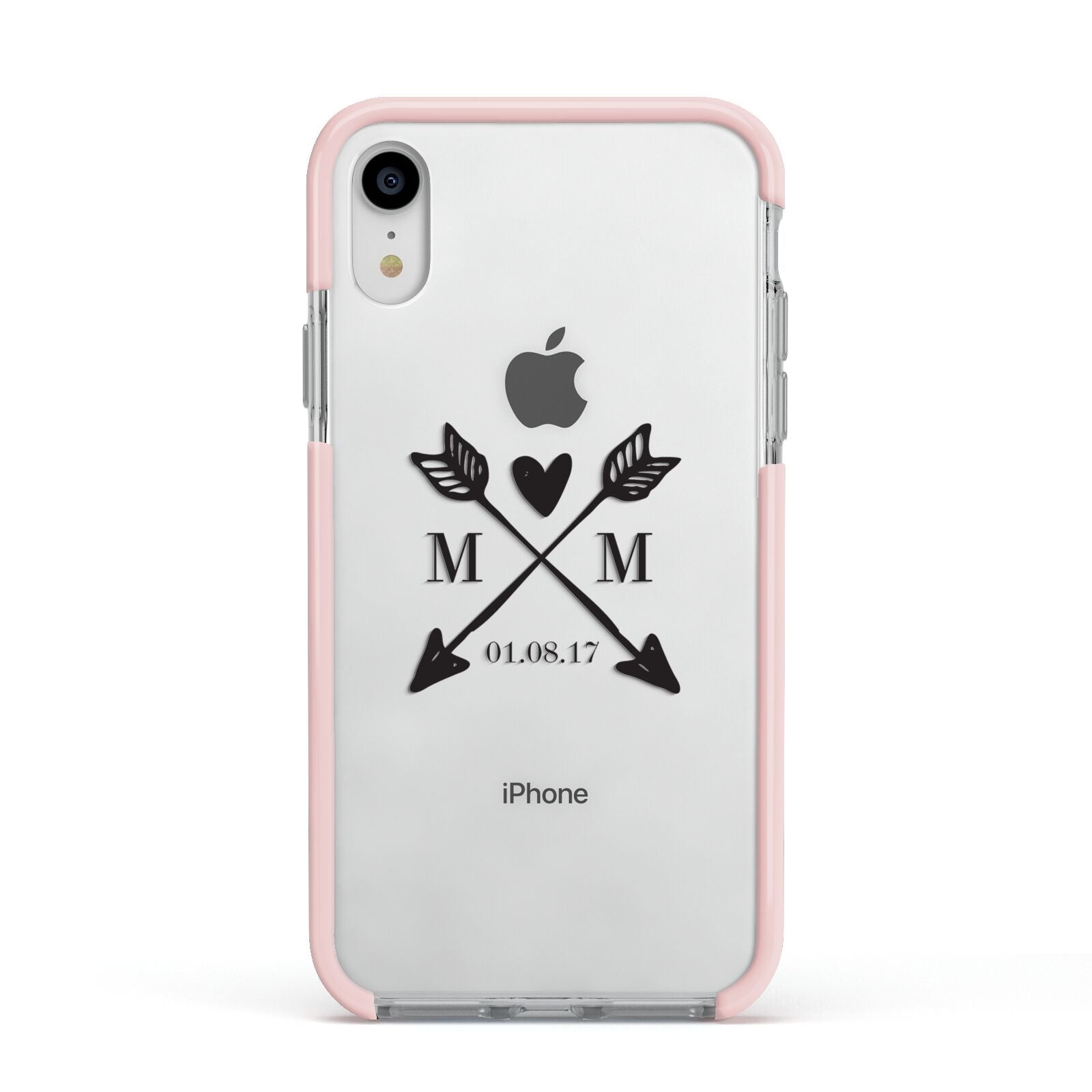 Personalised Black Couples Date Initials Clear Apple iPhone XR Impact Case Pink Edge on Silver Phone