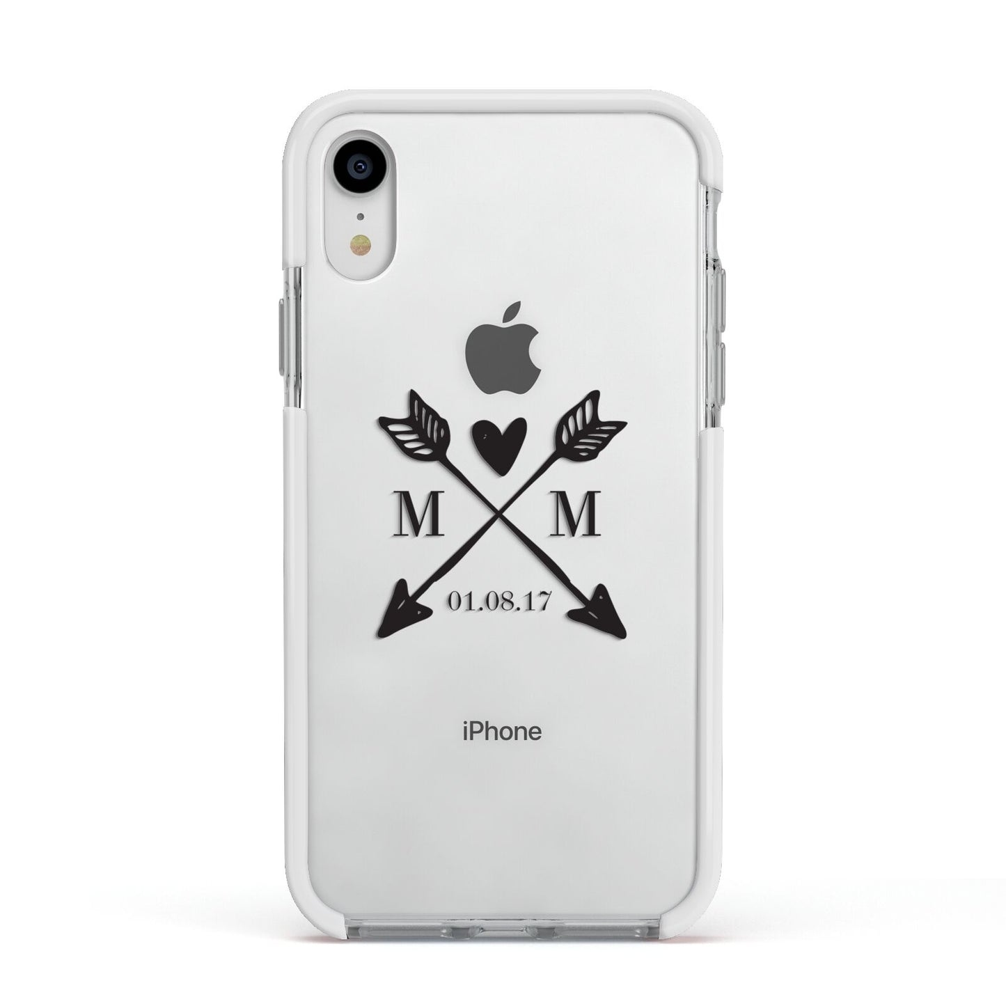 Personalised Black Couples Date Initials Clear Apple iPhone XR Impact Case White Edge on Silver Phone