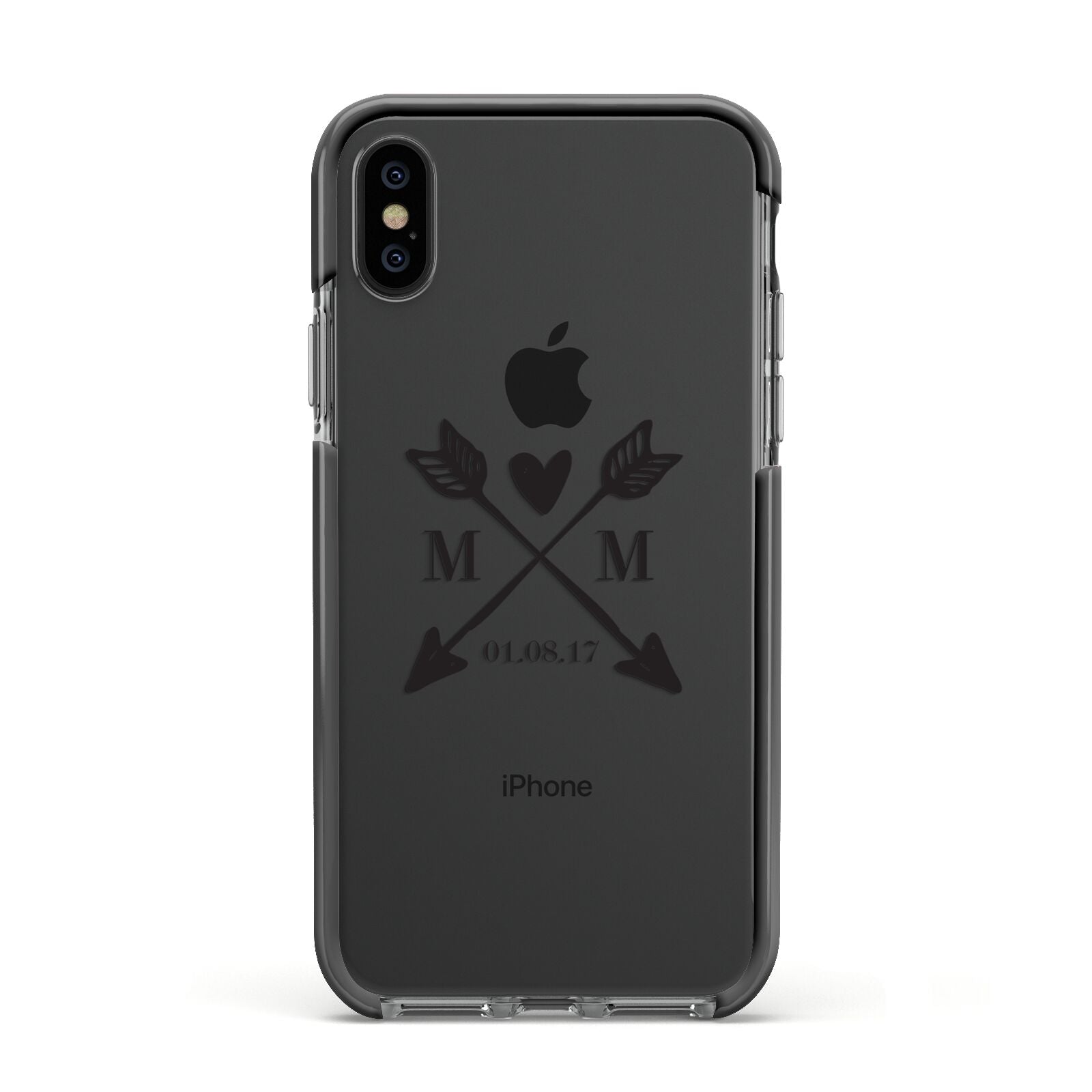 Personalised Black Couples Date Initials Clear Apple iPhone Xs Impact Case Black Edge on Black Phone