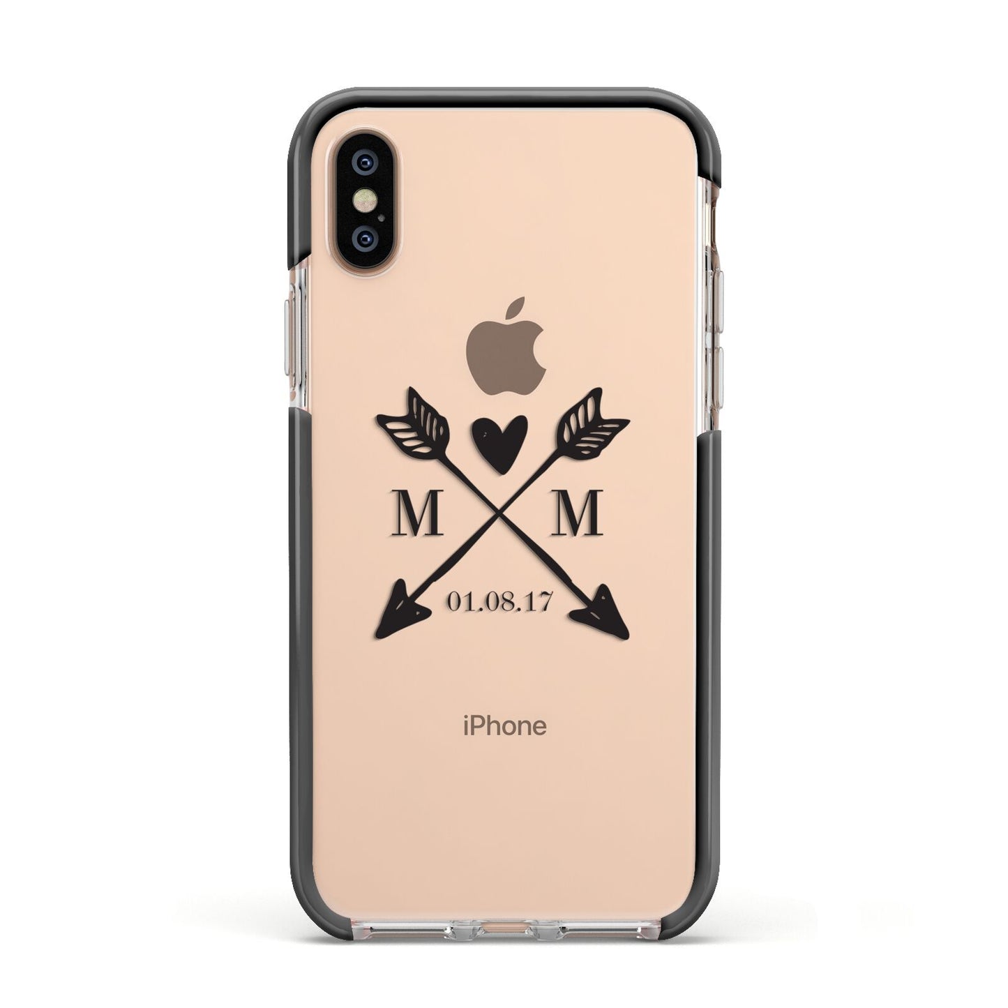 Personalised Black Couples Date Initials Clear Apple iPhone Xs Impact Case Black Edge on Gold Phone