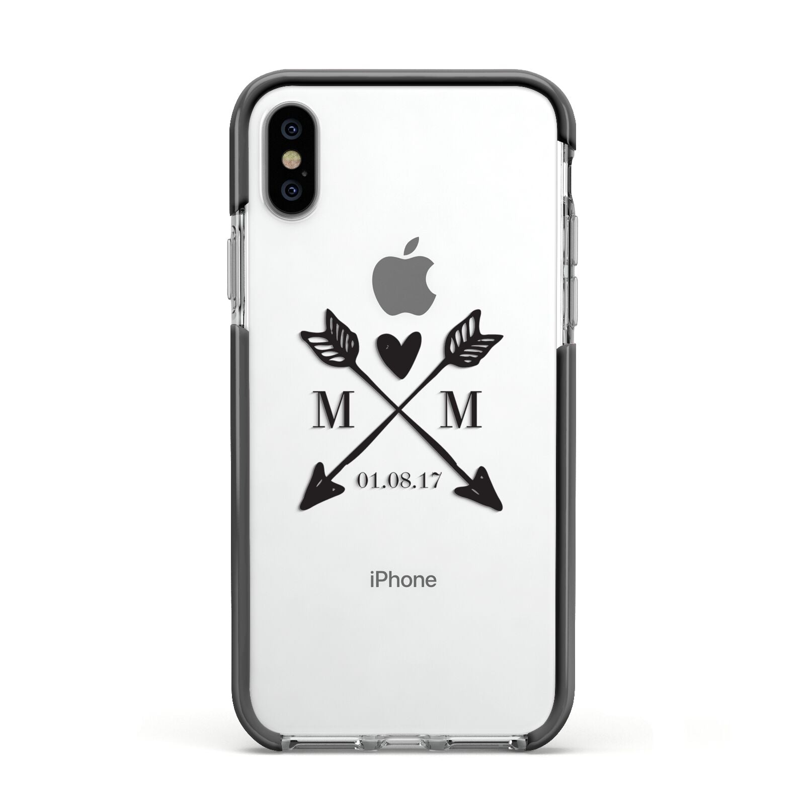 Personalised Black Couples Date Initials Clear Apple iPhone Xs Impact Case Black Edge on Silver Phone