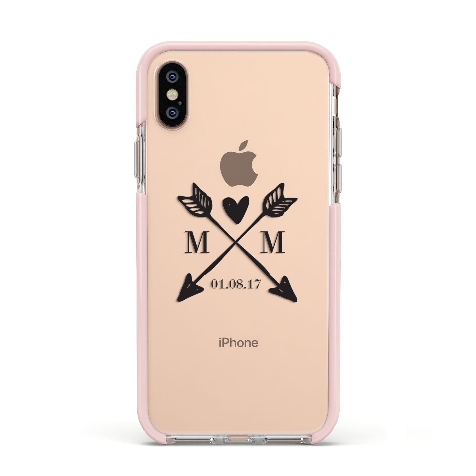 Personalised Black Couples Date Initials Clear Apple iPhone Xs Impact Case Pink Edge on Gold Phone