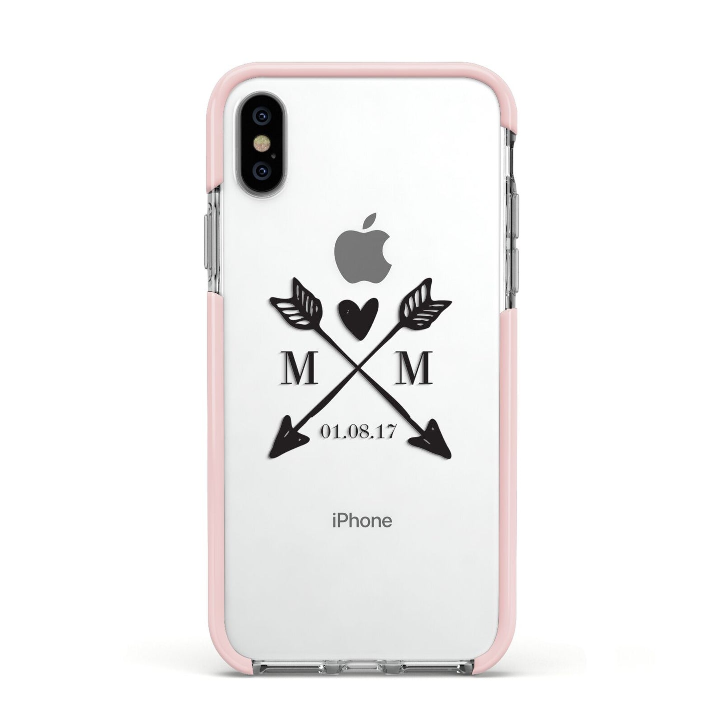 Personalised Black Couples Date Initials Clear Apple iPhone Xs Impact Case Pink Edge on Silver Phone