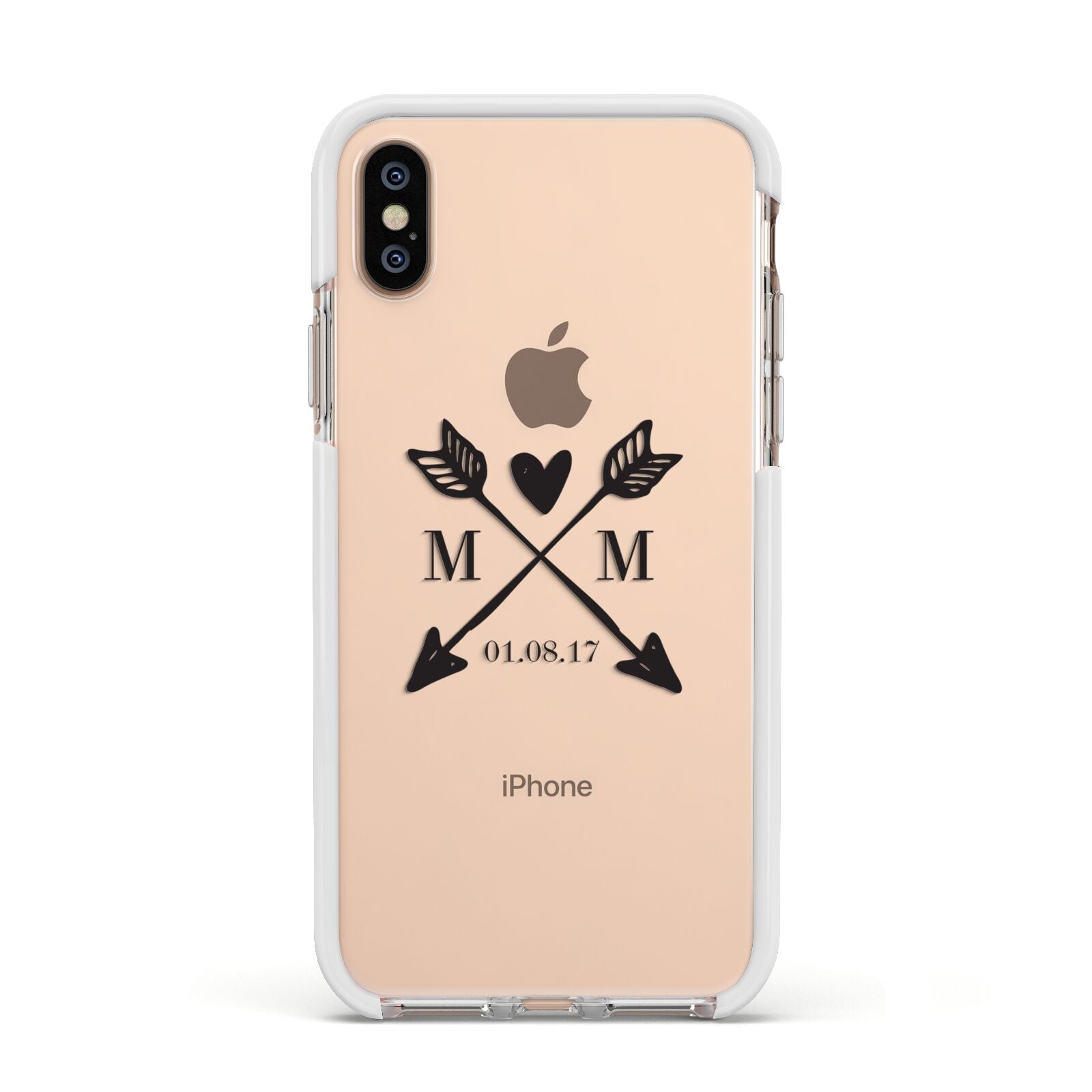 Personalised Black Couples Date Initials Clear Apple iPhone Xs Impact Case White Edge on Gold Phone