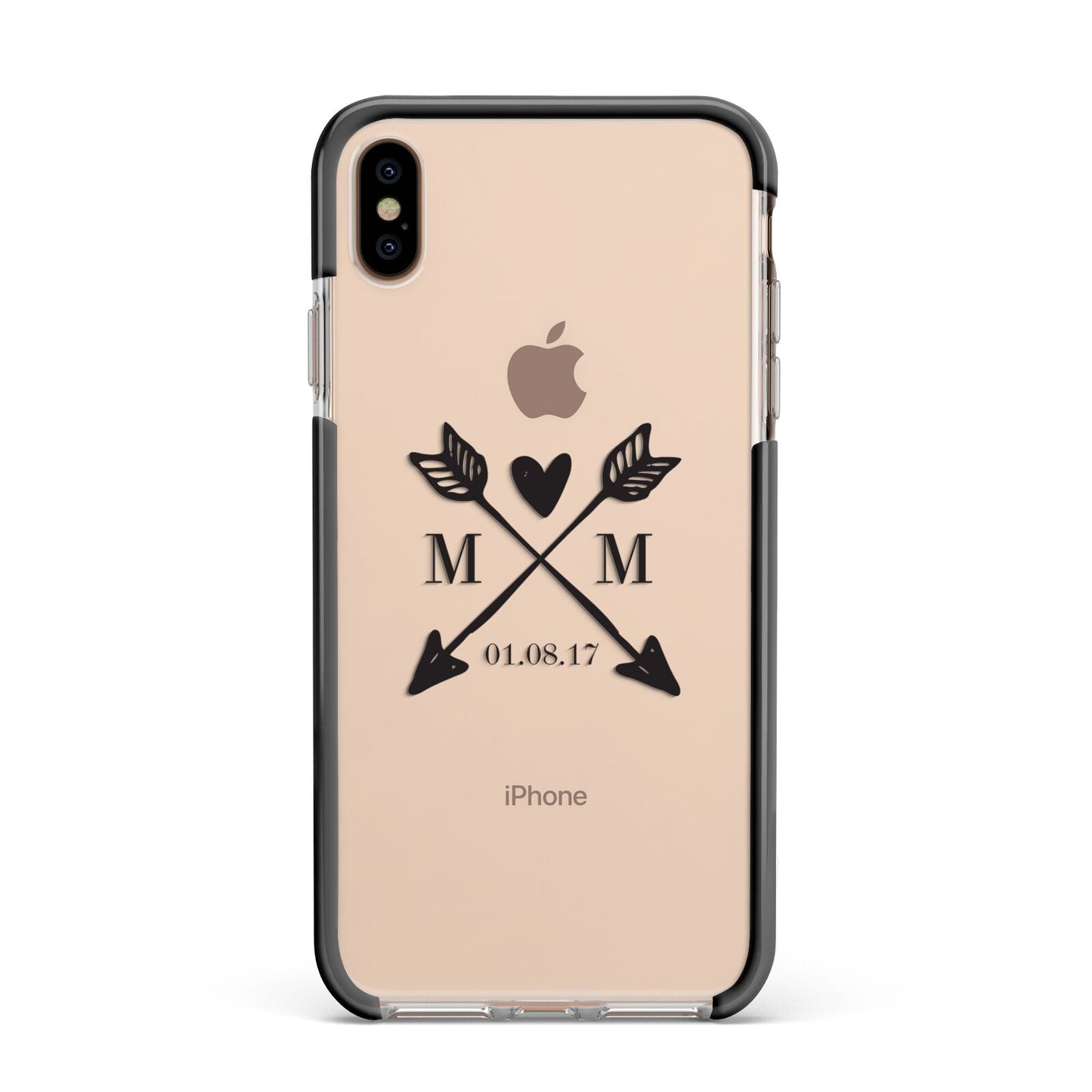 Personalised Black Couples Date Initials Clear Apple iPhone Xs Max Impact Case Black Edge on Gold Phone