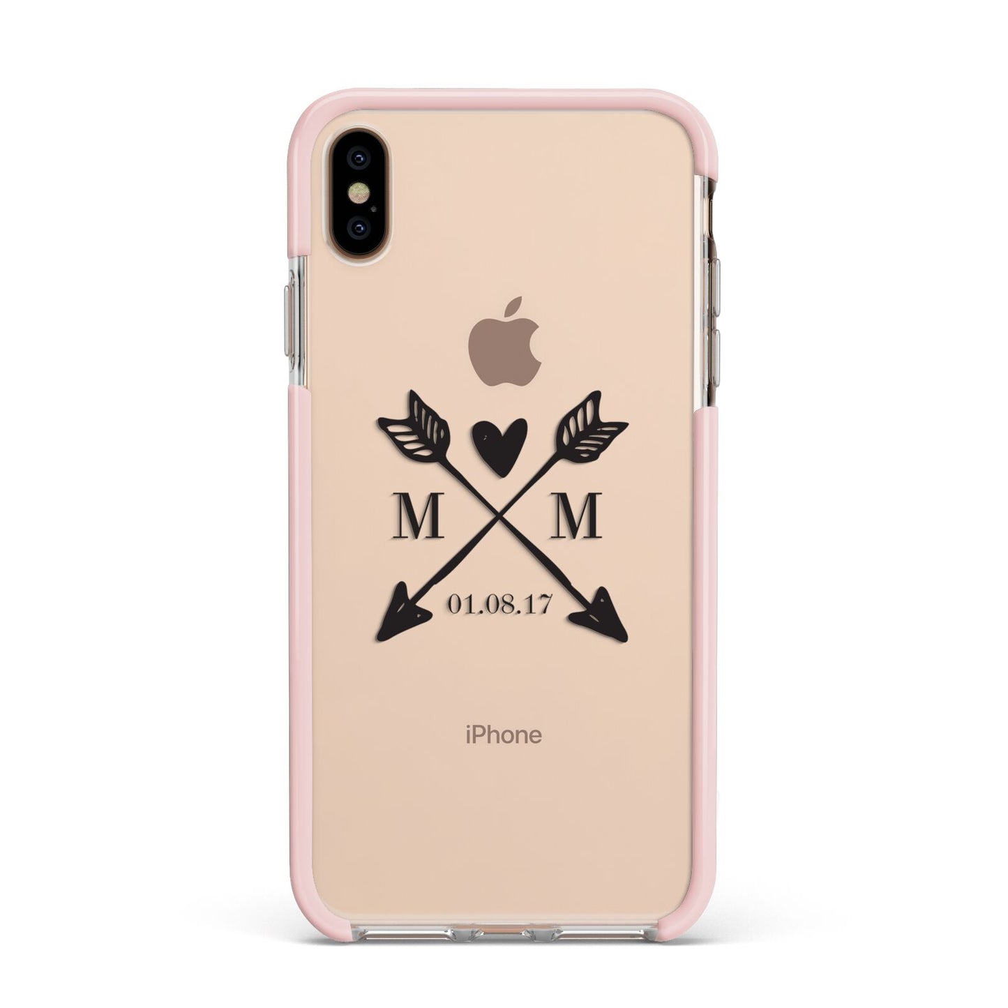 Personalised Black Couples Date Initials Clear Apple iPhone Xs Max Impact Case Pink Edge on Gold Phone