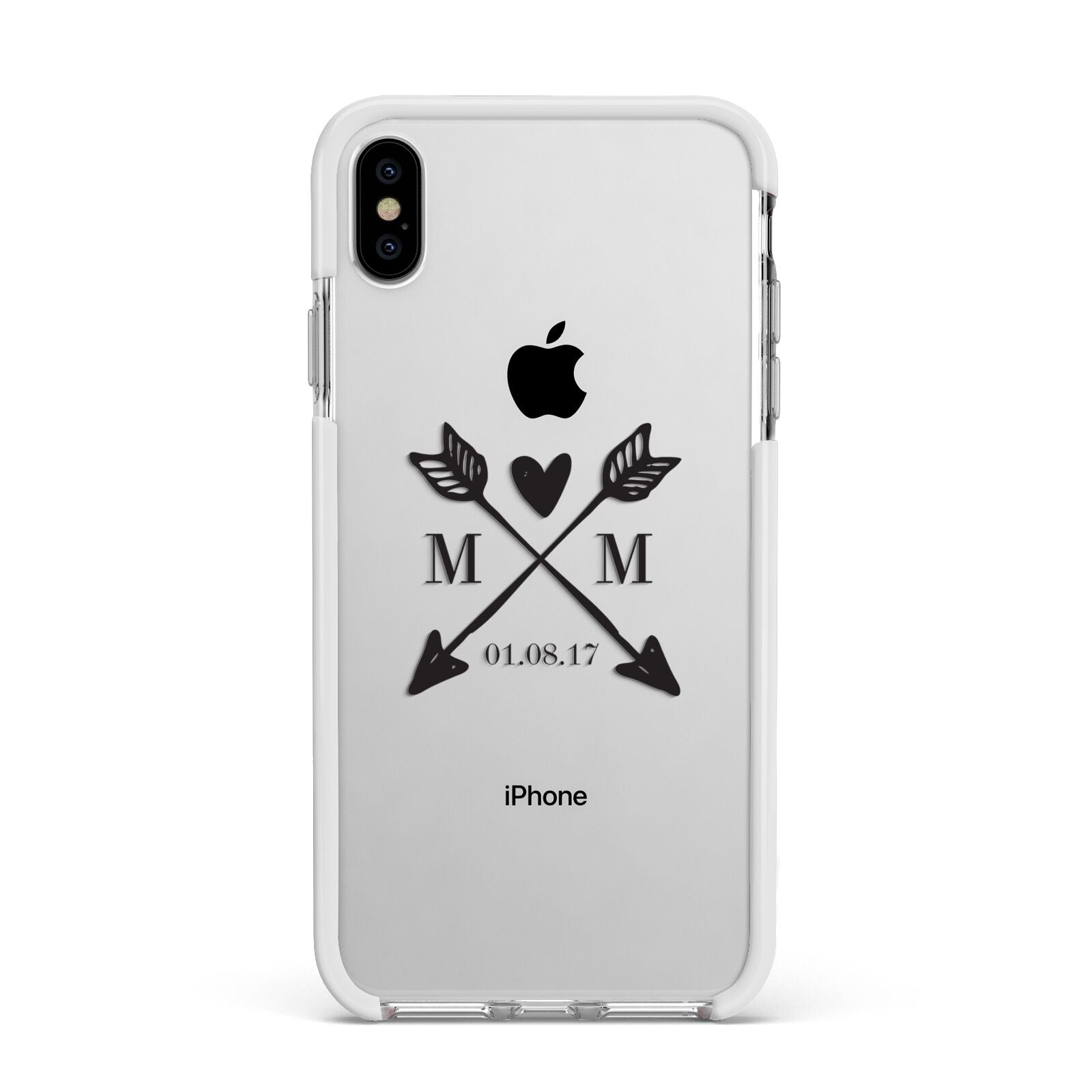 Personalised Black Couples Date Initials Clear Apple iPhone Xs Max Impact Case White Edge on Silver Phone