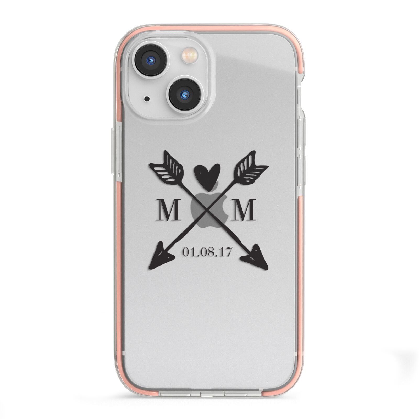 Personalised Black Couples Date Initials Clear iPhone 13 Mini TPU Impact Case with Pink Edges
