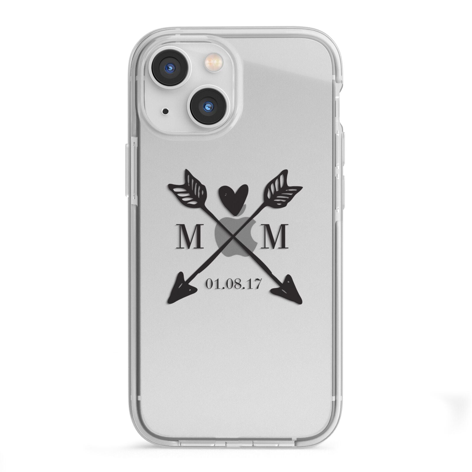 Personalised Black Couples Date Initials Clear iPhone 13 Mini TPU Impact Case with White Edges