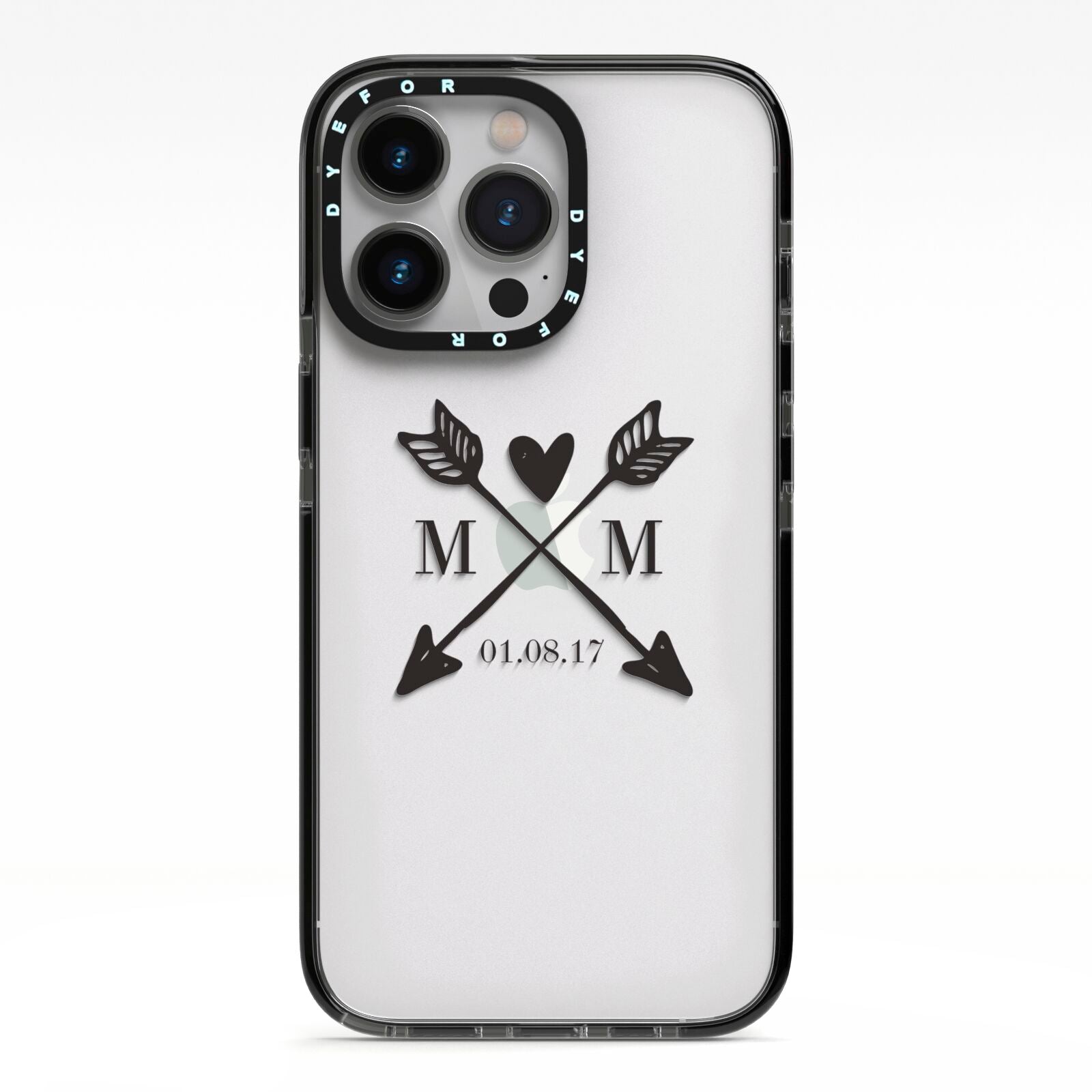 Personalised Black Couples Date Initials Clear iPhone 13 Pro Black Impact Case on Silver phone