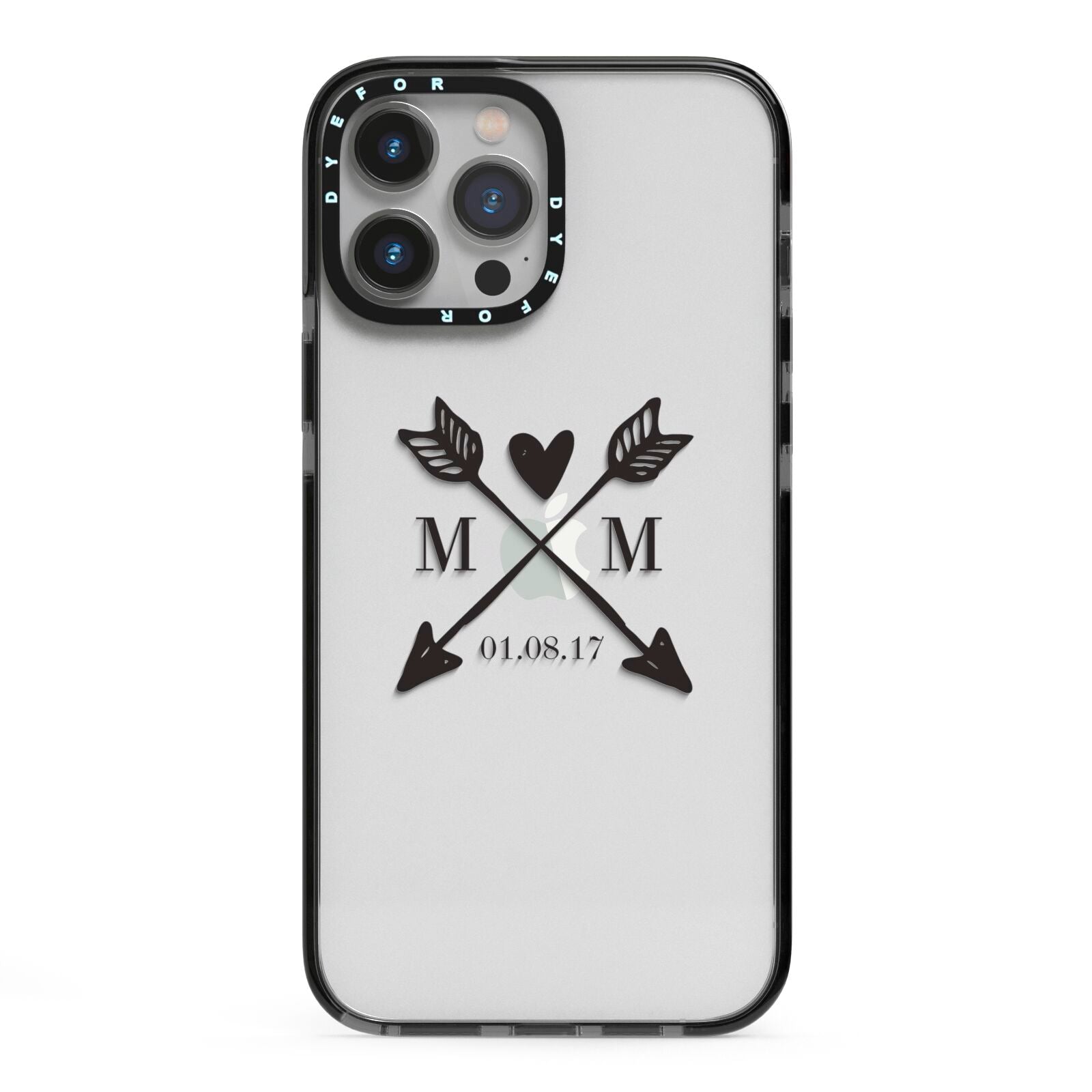 Personalised Black Couples Date Initials Clear iPhone 13 Pro Max Black Impact Case on Silver phone