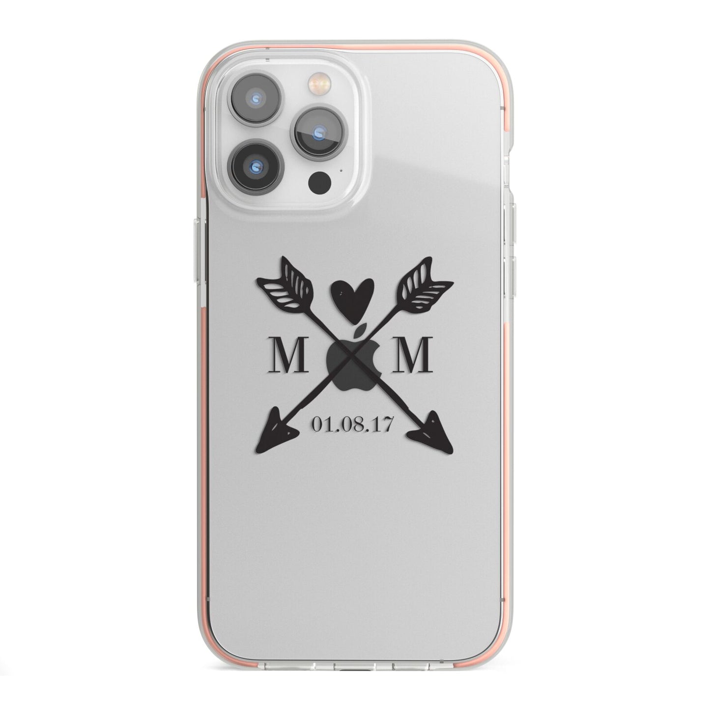 Personalised Black Couples Date Initials Clear iPhone 13 Pro Max TPU Impact Case with Pink Edges
