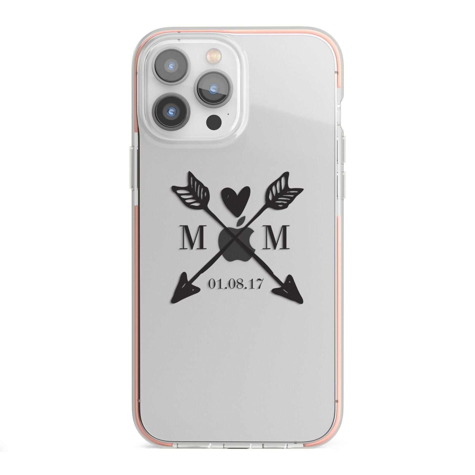 Personalised Black Couples Date Initials Clear iPhone 13 Pro Max TPU Impact Case with Pink Edges