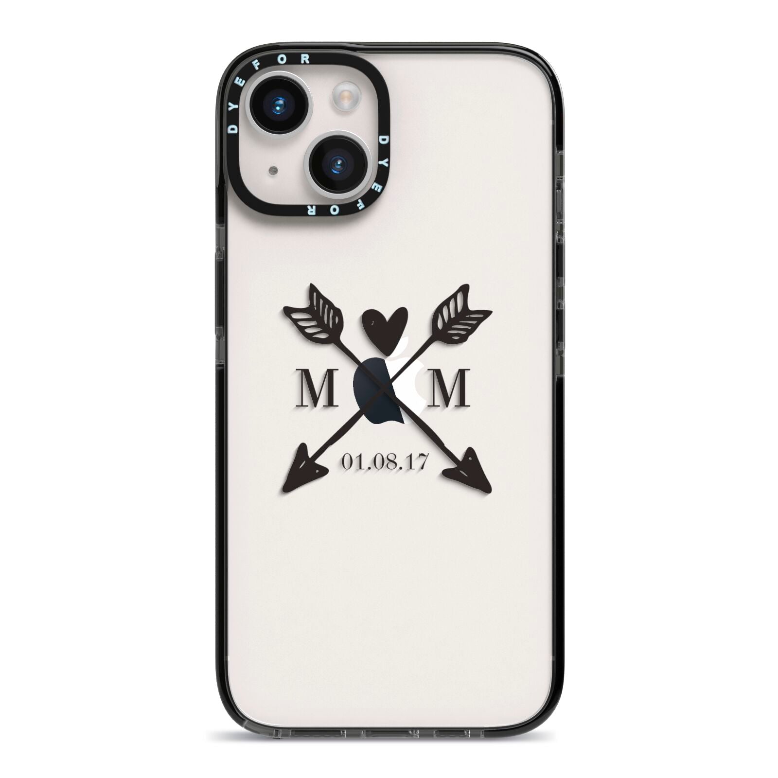 Personalised Black Couples Date Initials Clear iPhone 14 Black Impact Case on Silver phone