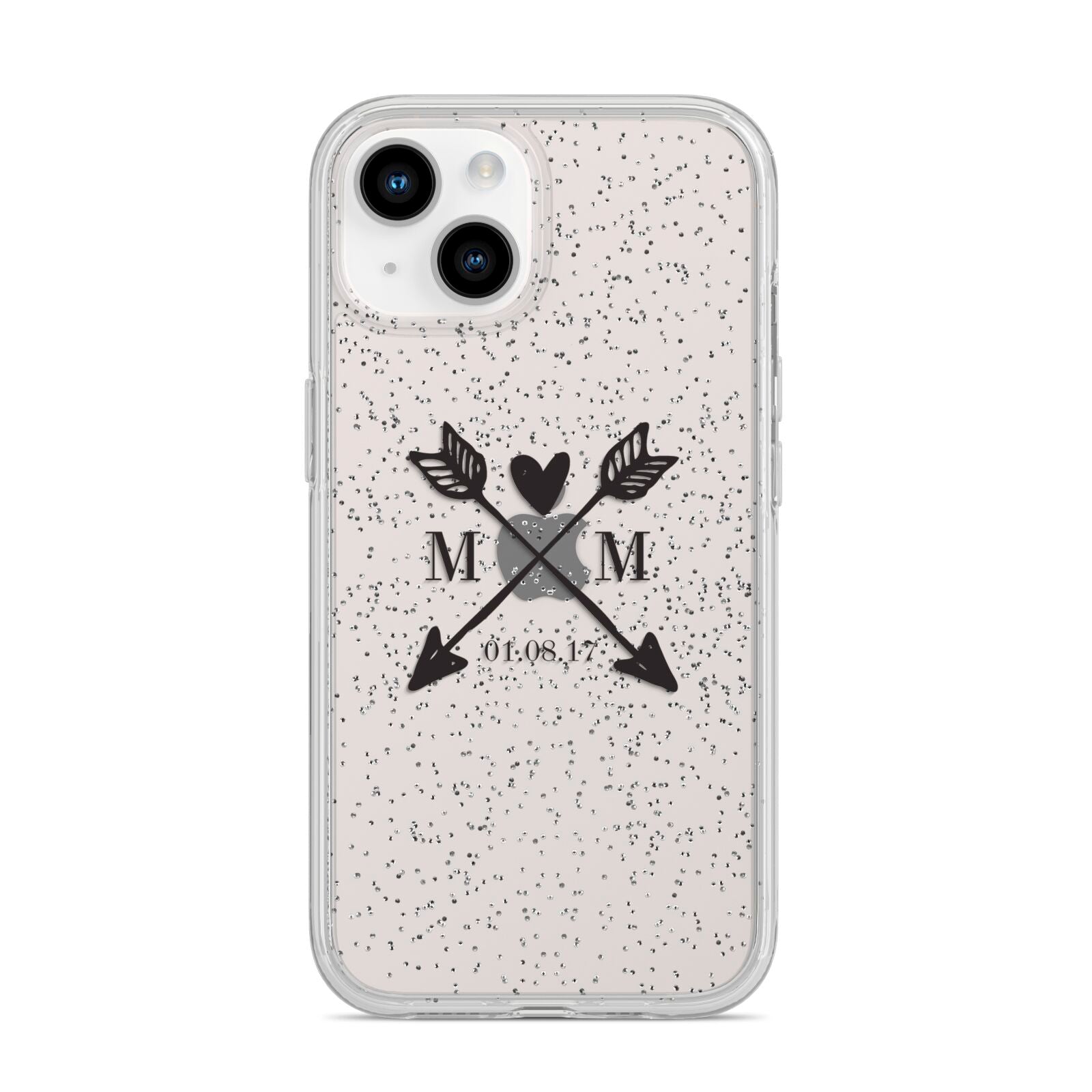 Personalised Black Couples Date Initials Clear iPhone 14 Glitter Tough Case Starlight