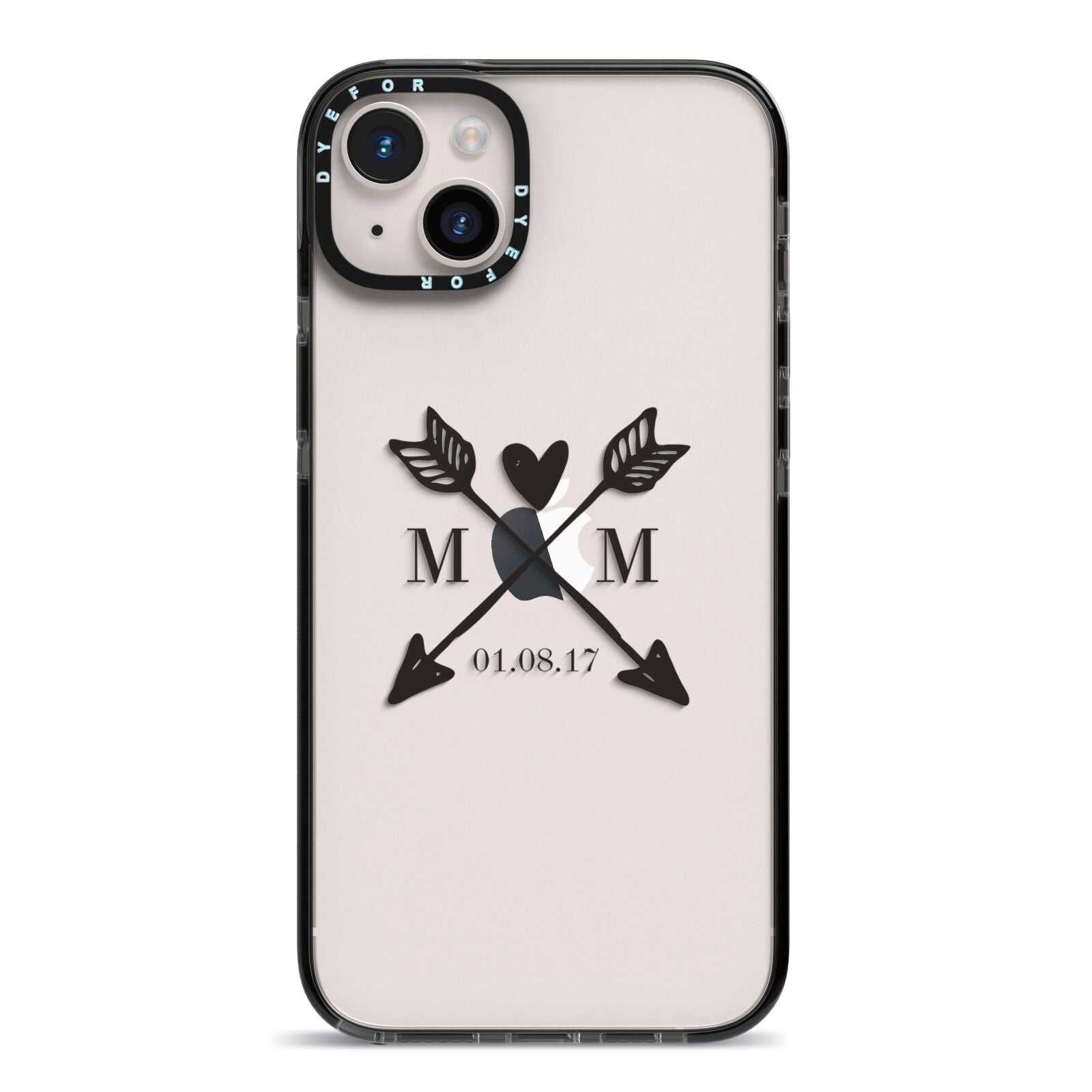 Personalised Black Couples Date Initials Clear iPhone 14 Plus Black Impact Case on Silver phone