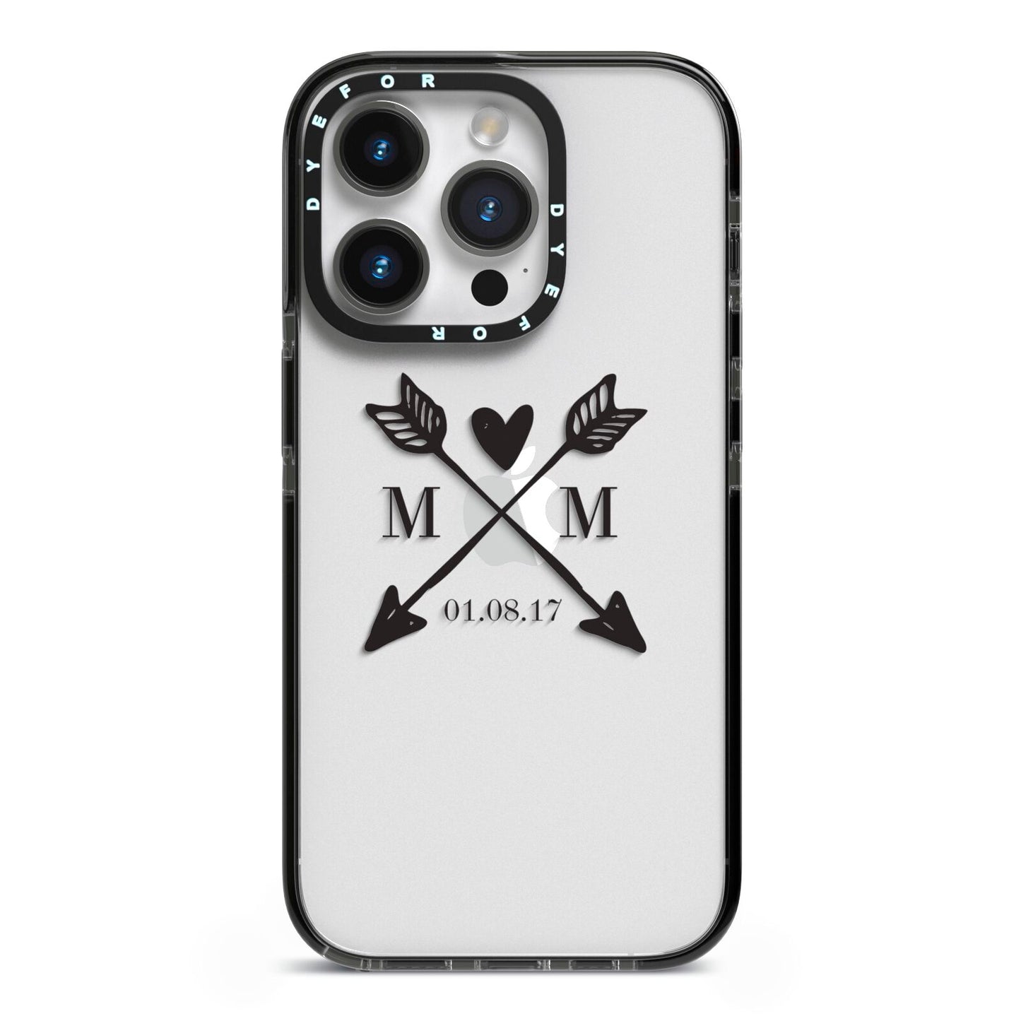 Personalised Black Couples Date Initials Clear iPhone 14 Pro Black Impact Case on Silver phone