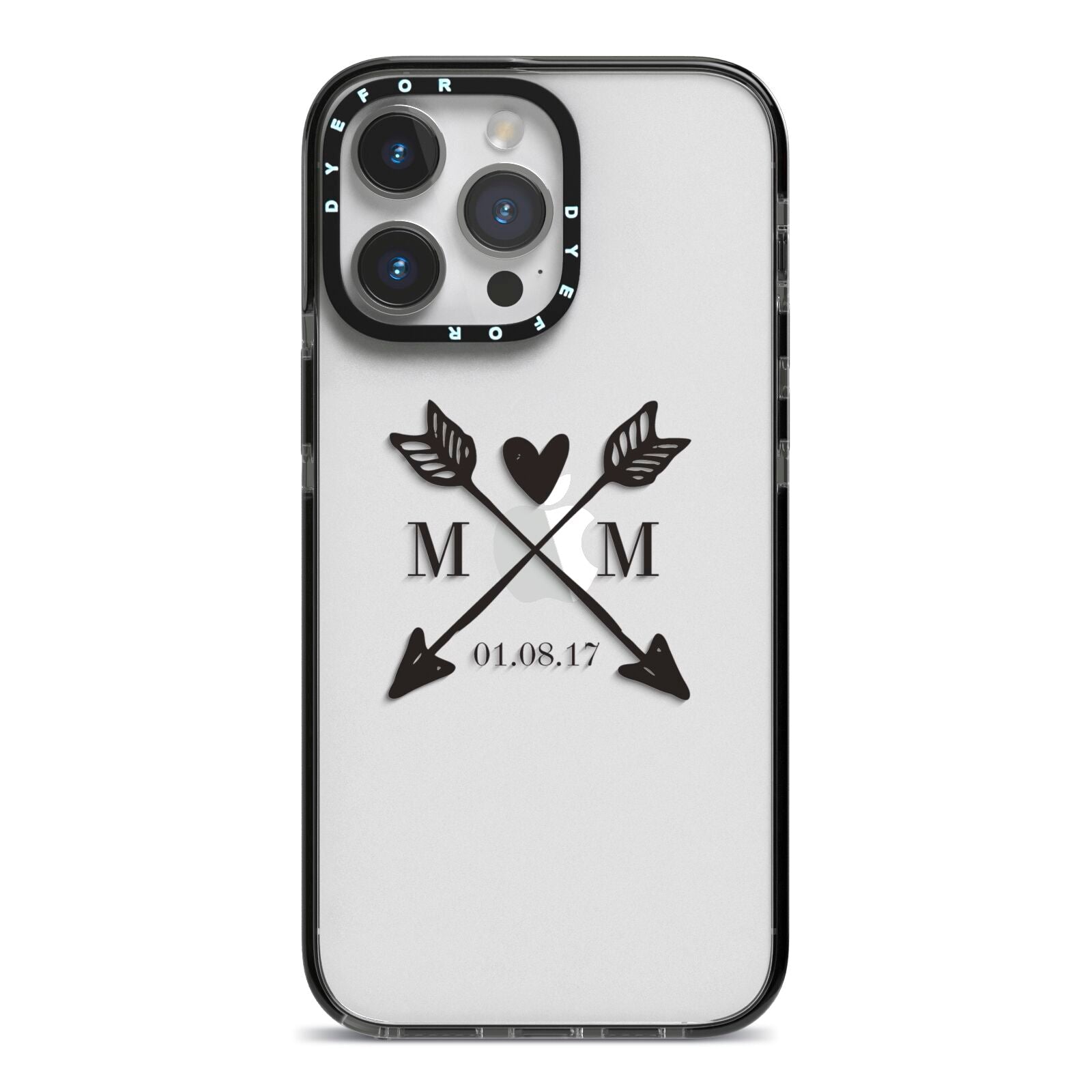 Personalised Black Couples Date Initials Clear iPhone 14 Pro Max Black Impact Case on Silver phone