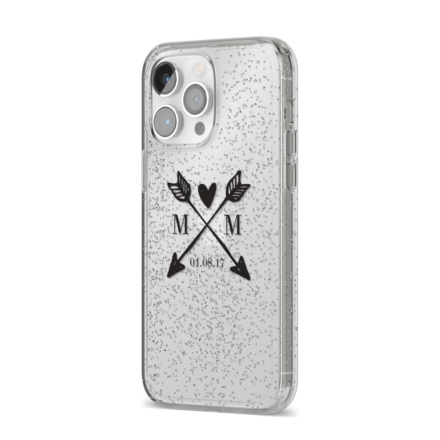 Personalised Black Couples Date Initials Clear iPhone 14 Pro Max Glitter Tough Case Silver Angled Image