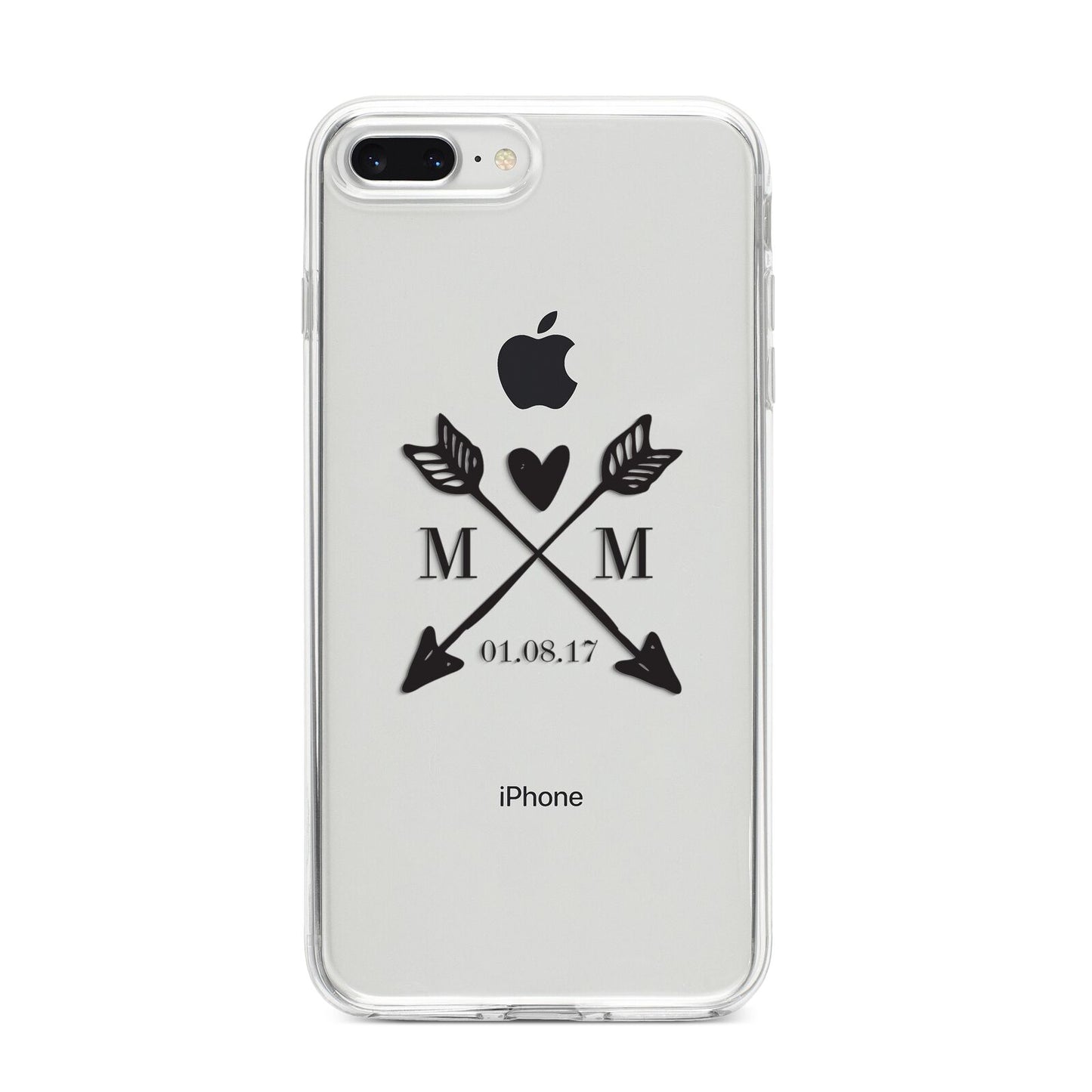 Personalised Black Couples Date Initials Clear iPhone 8 Plus Bumper Case on Silver iPhone