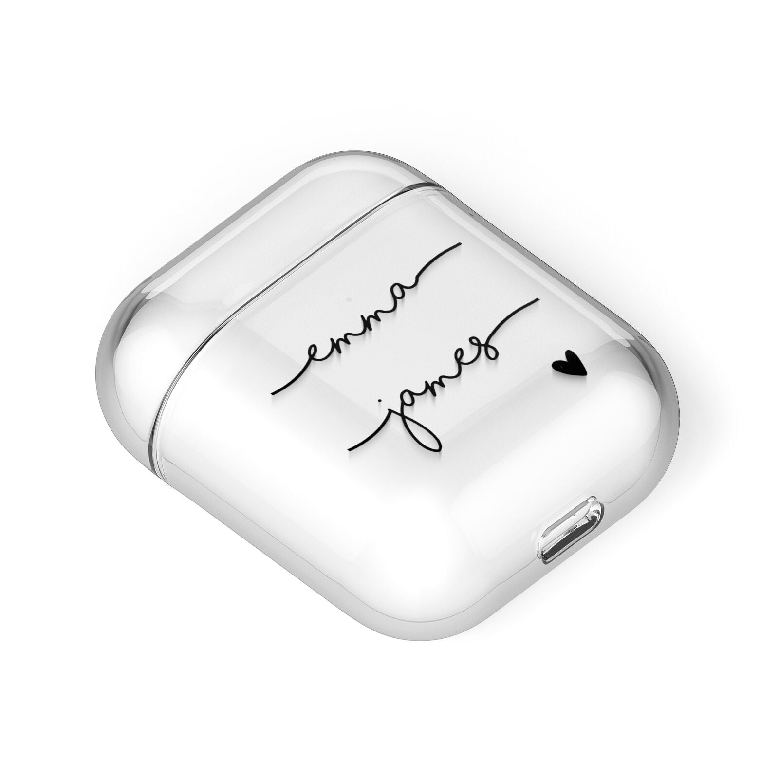 Personalised Black Couples Two Names Heart AirPods Case Laid Flat