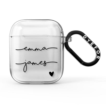 Personalised Black Couples Two Names Heart AirPods Clear Case