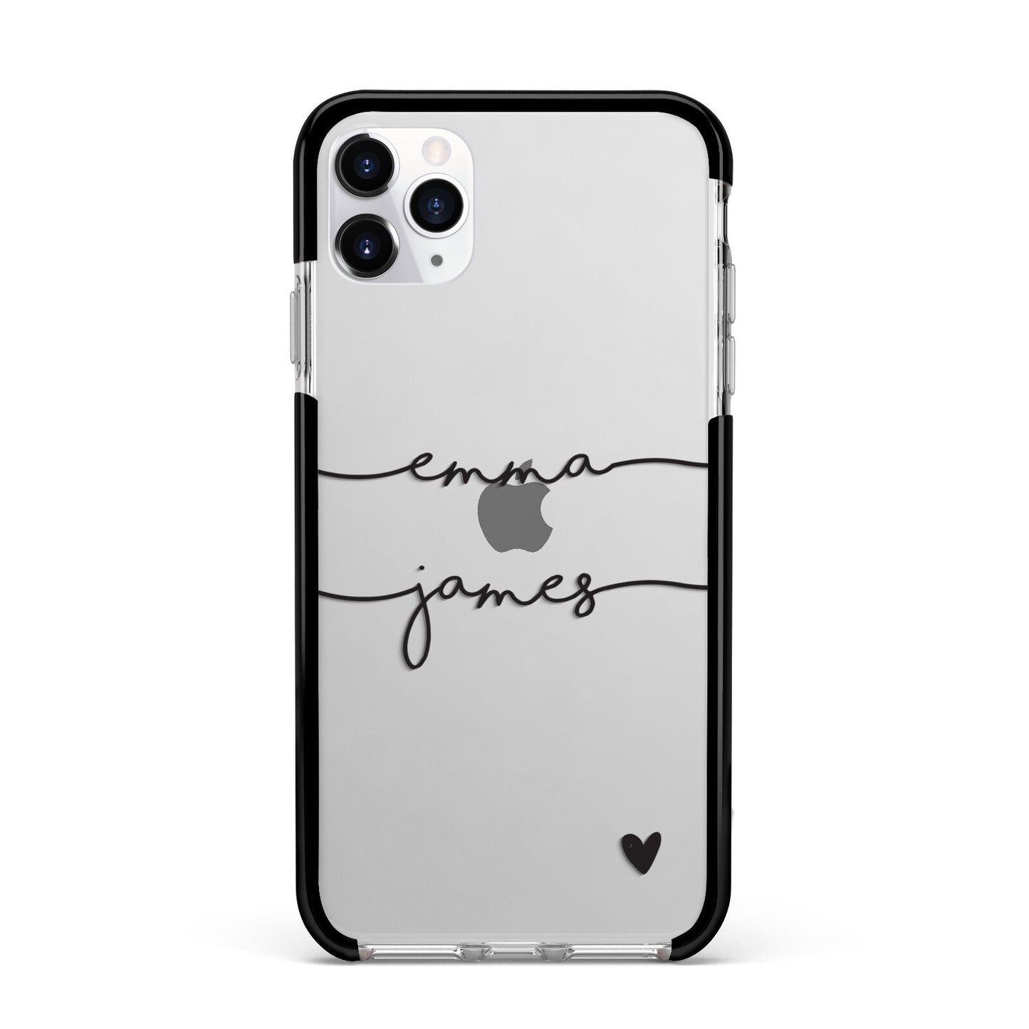 Personalised Black Couples Two Names Heart Apple iPhone 11 Pro Max in Silver with Black Impact Case
