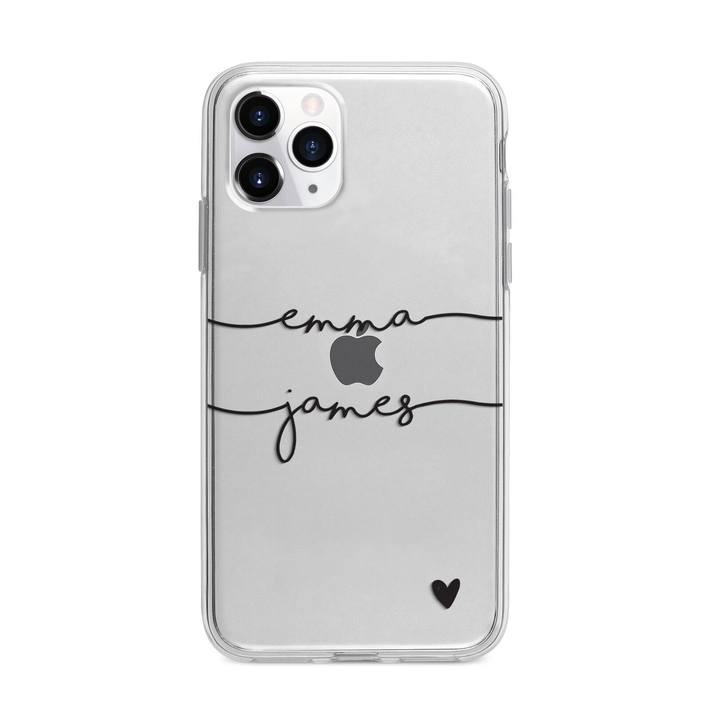 Personalised Black Couples Two Names Heart Apple iPhone 11 Pro Max in Silver with Bumper Case