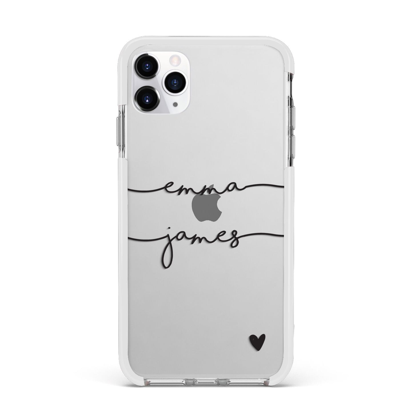 Personalised Black Couples Two Names Heart Apple iPhone 11 Pro Max in Silver with White Impact Case