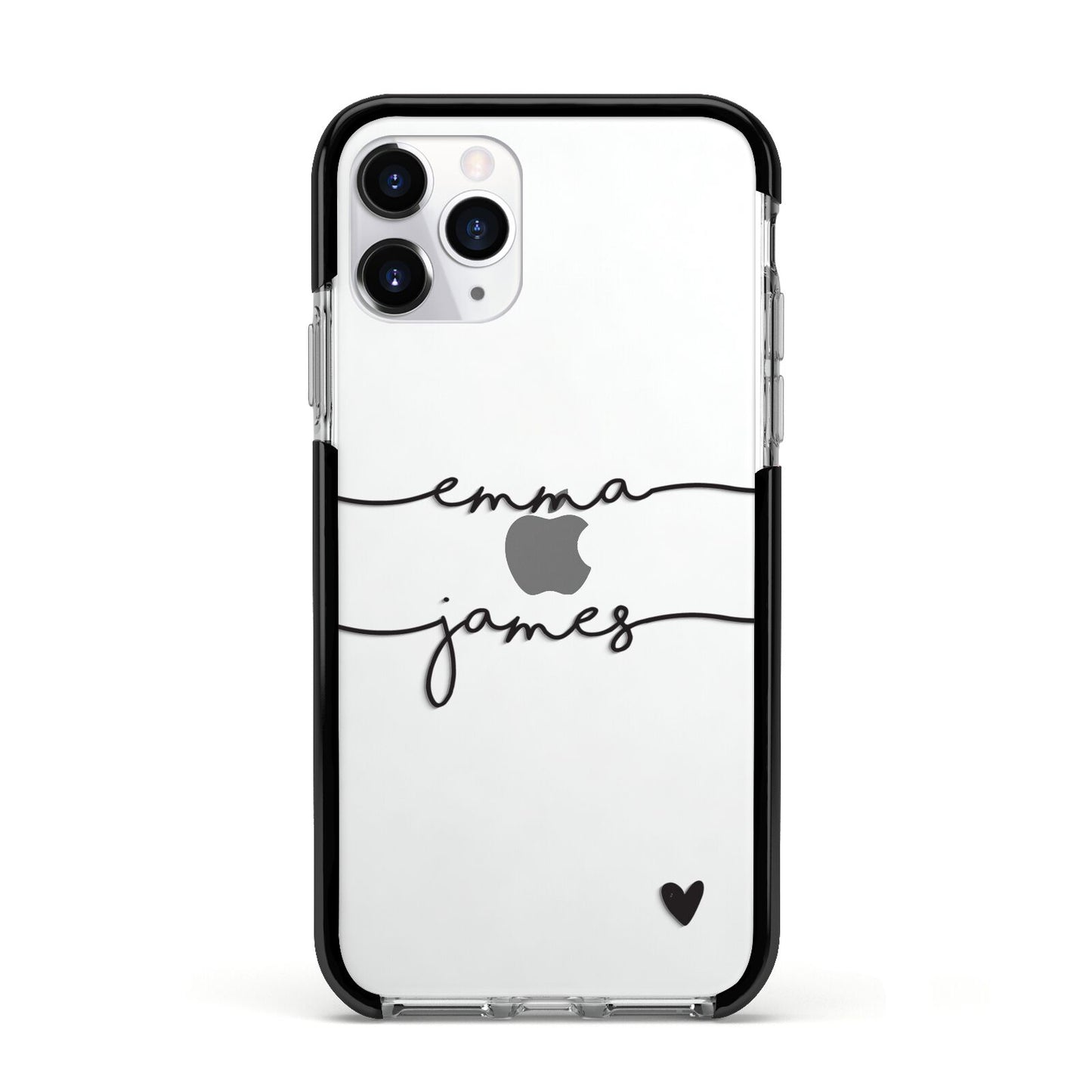 Personalised Black Couples Two Names Heart Apple iPhone 11 Pro in Silver with Black Impact Case