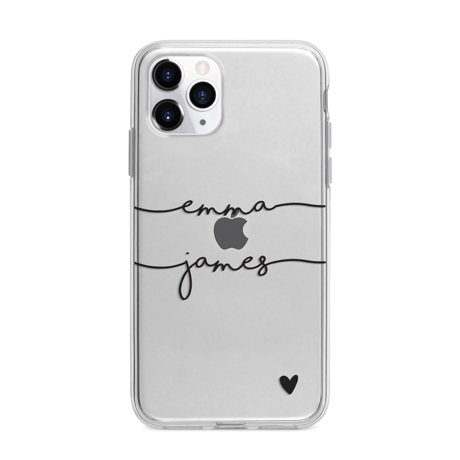 Personalised Black Couples Two Names Heart Apple iPhone 11 Pro in Silver with Bumper Case