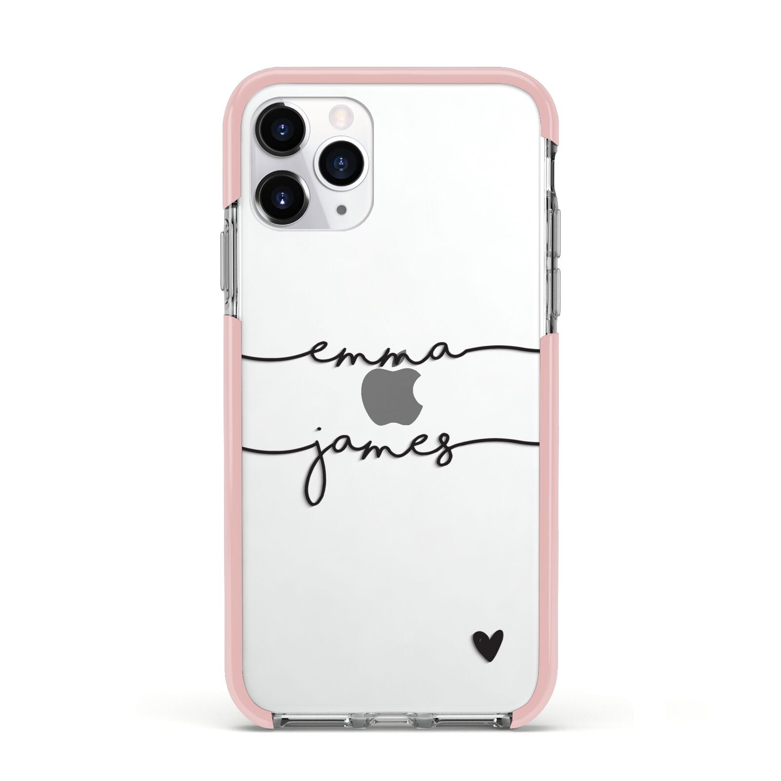 Personalised Black Couples Two Names Heart Apple iPhone 11 Pro in Silver with Pink Impact Case