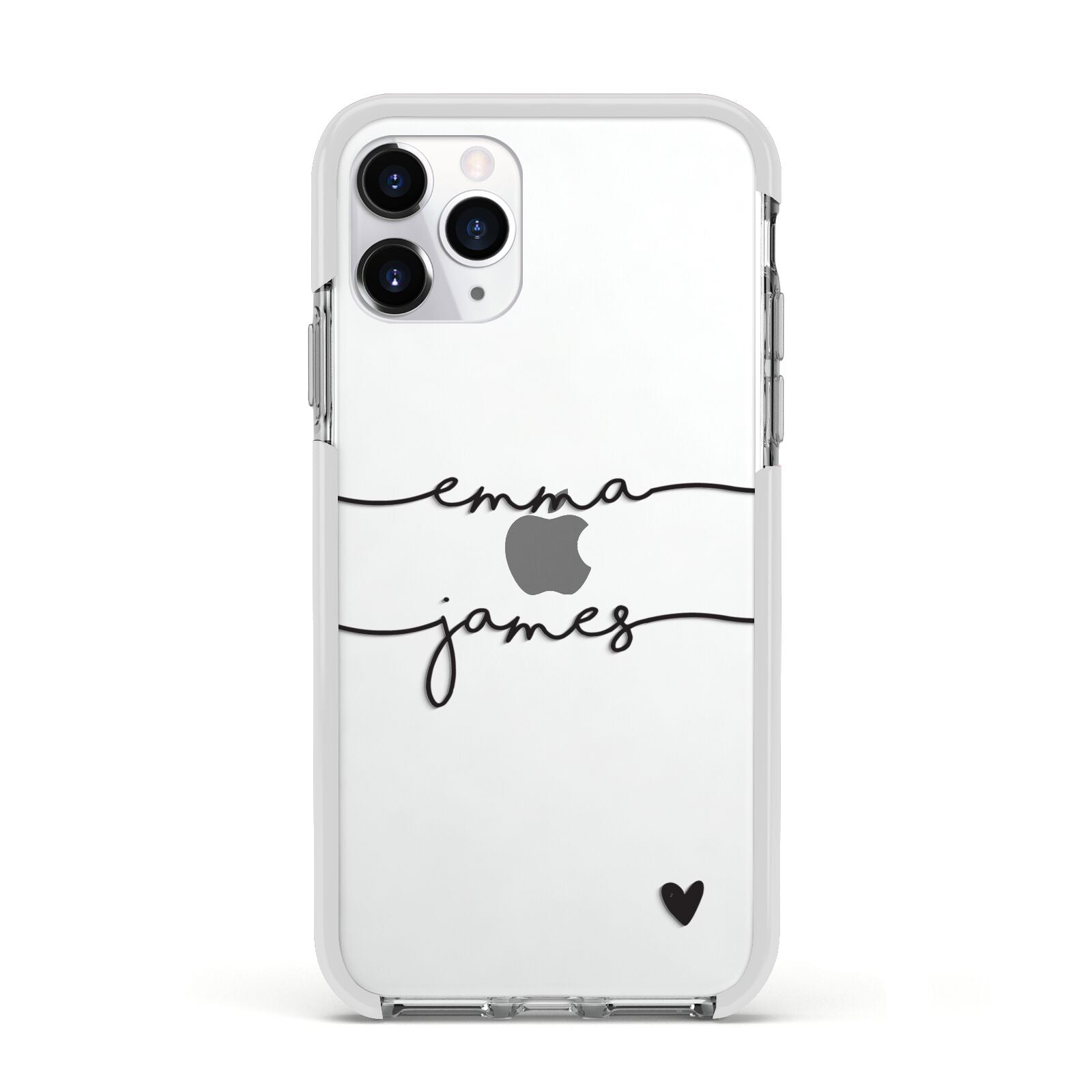 Personalised Black Couples Two Names Heart Apple iPhone 11 Pro in Silver with White Impact Case