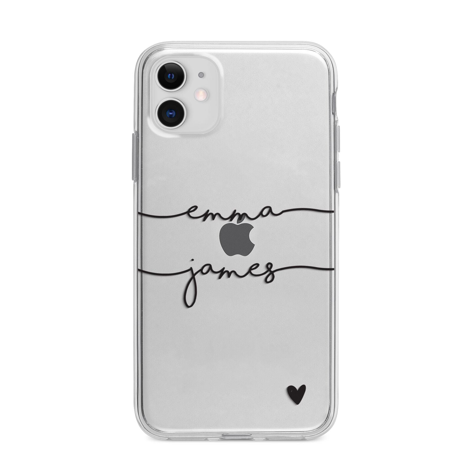 Personalised Black Couples Two Names Heart Apple iPhone 11 in White with Bumper Case