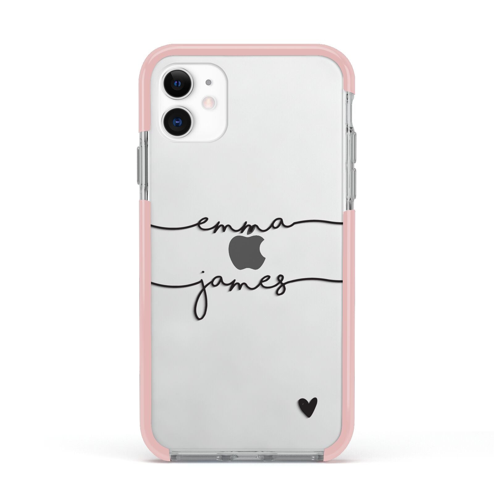 Personalised Black Couples Two Names Heart Apple iPhone 11 in White with Pink Impact Case