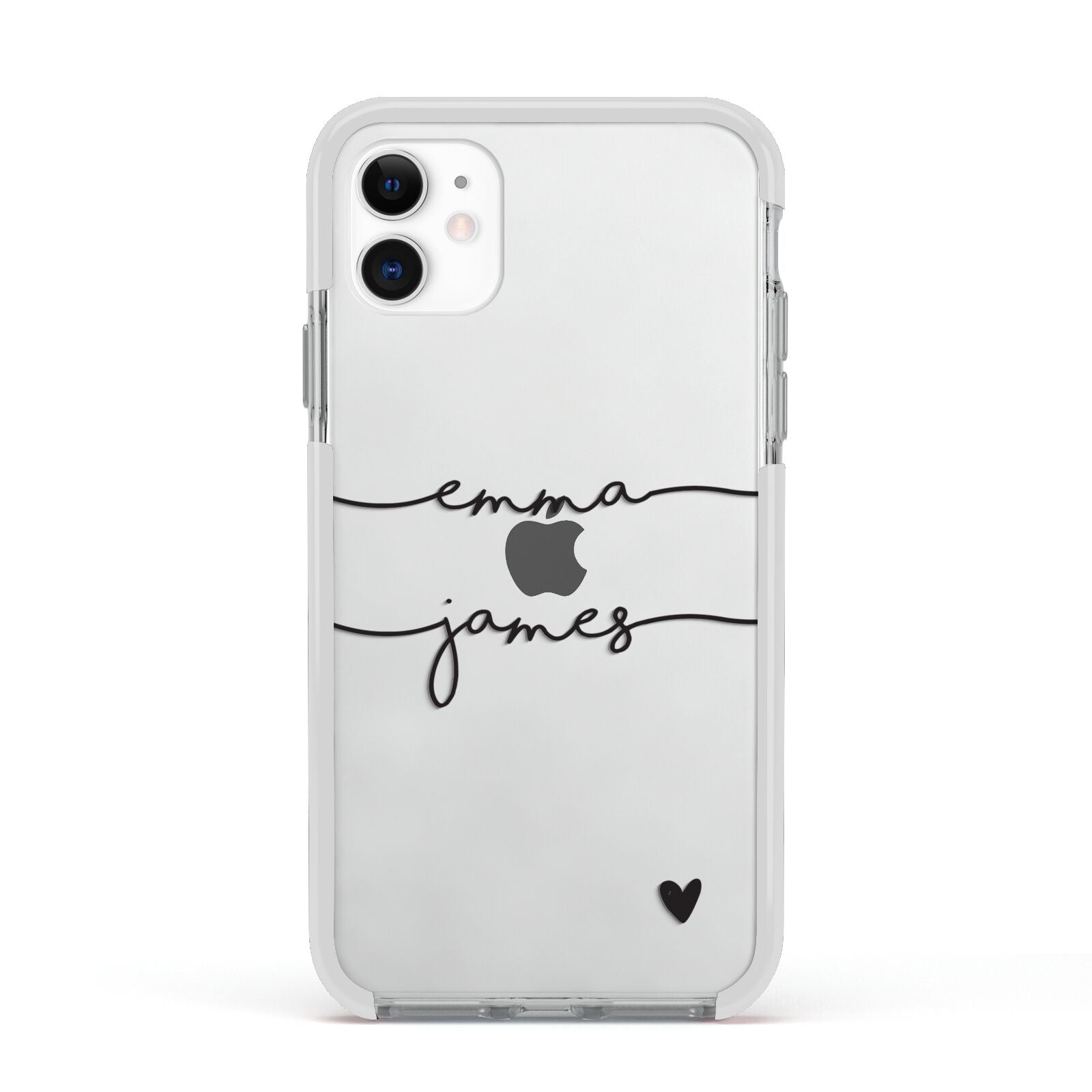Personalised Black Couples Two Names Heart Apple iPhone 11 in White with White Impact Case